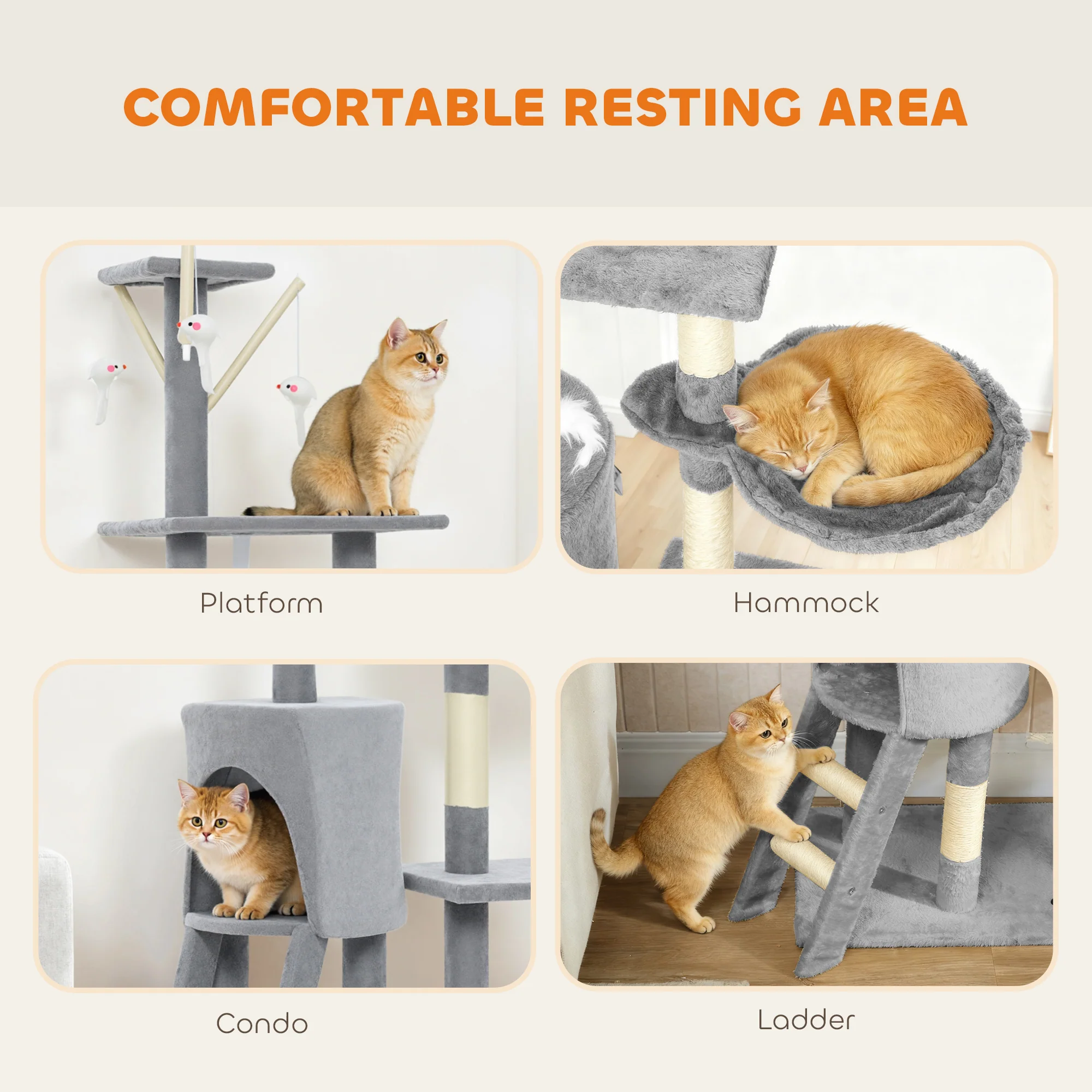 PawHut Cat Tree For Indoor Cats, 134cm Scratching Post Climbing Tower, Grey - Image 4
