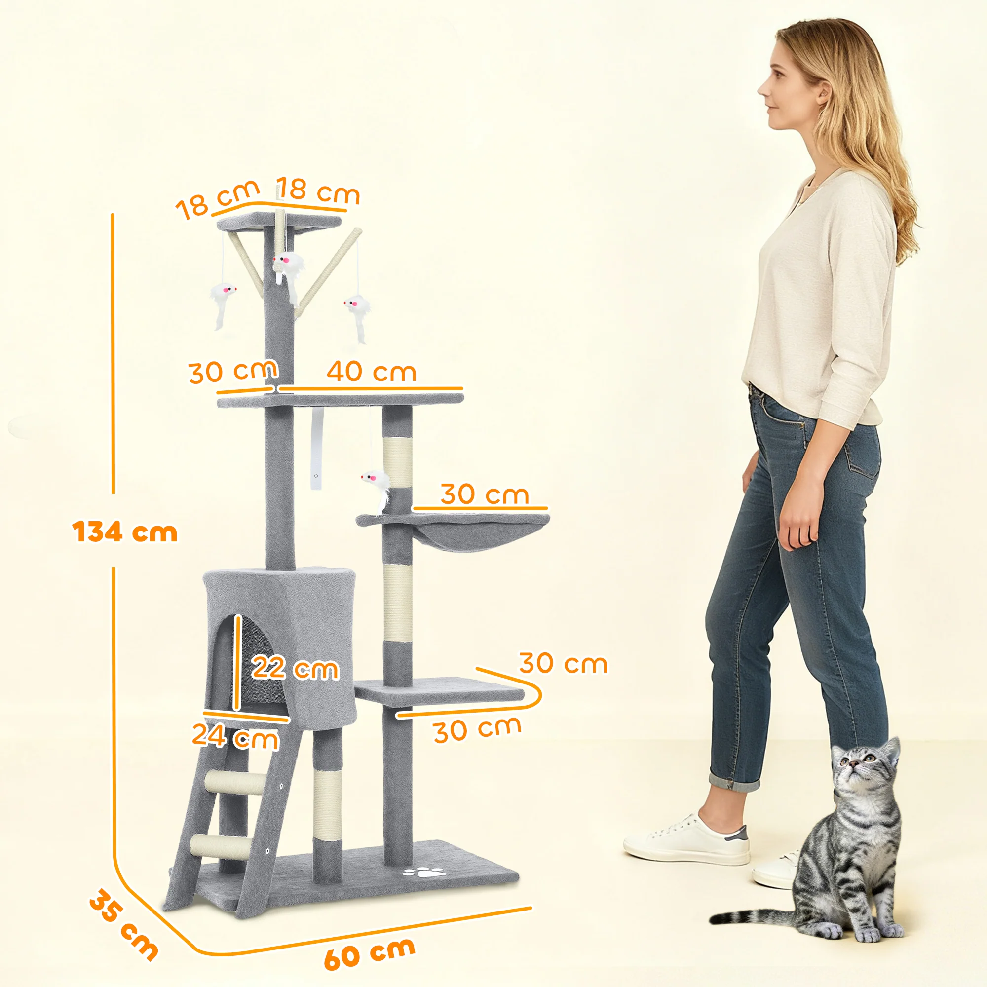 PawHut Cat Tree For Indoor Cats, 134cm Scratching Post Climbing Tower, Grey - Image 5