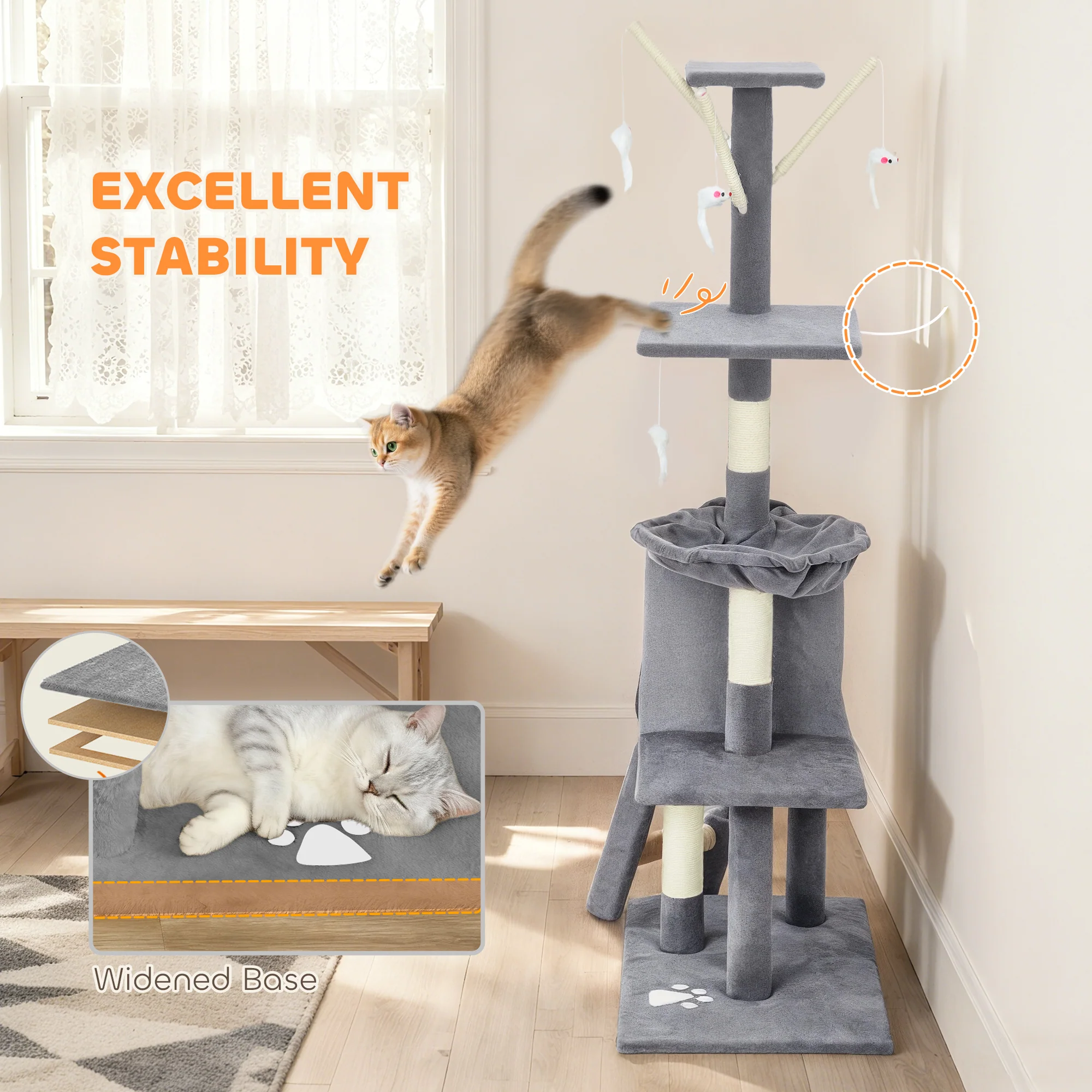 PawHut Cat Tree For Indoor Cats, 134cm Scratching Post Climbing Tower, Grey - Image 6
