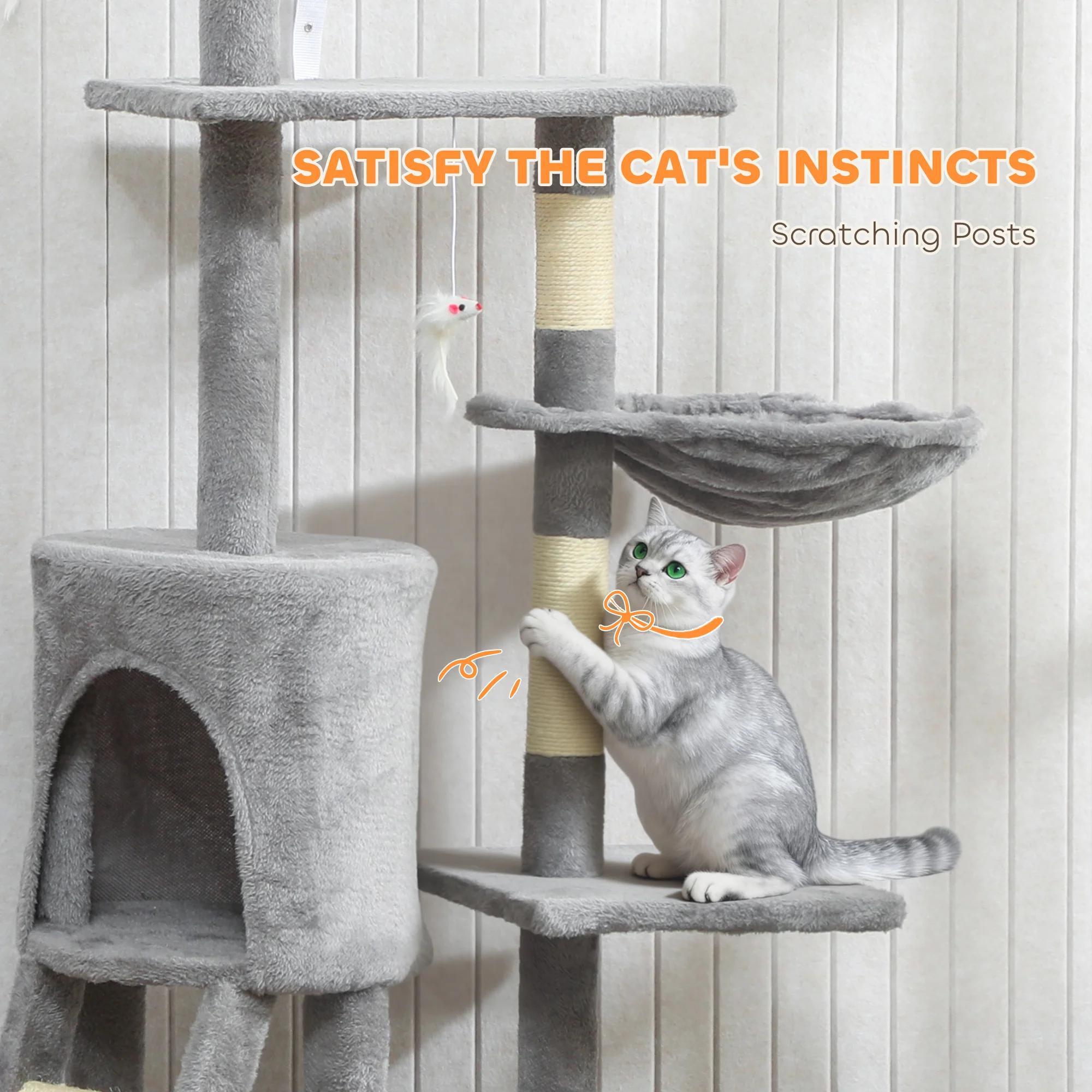 PawHut Cat Tree For Indoor Cats, 134cm Scratching Post Climbing Tower, Grey - Image 7