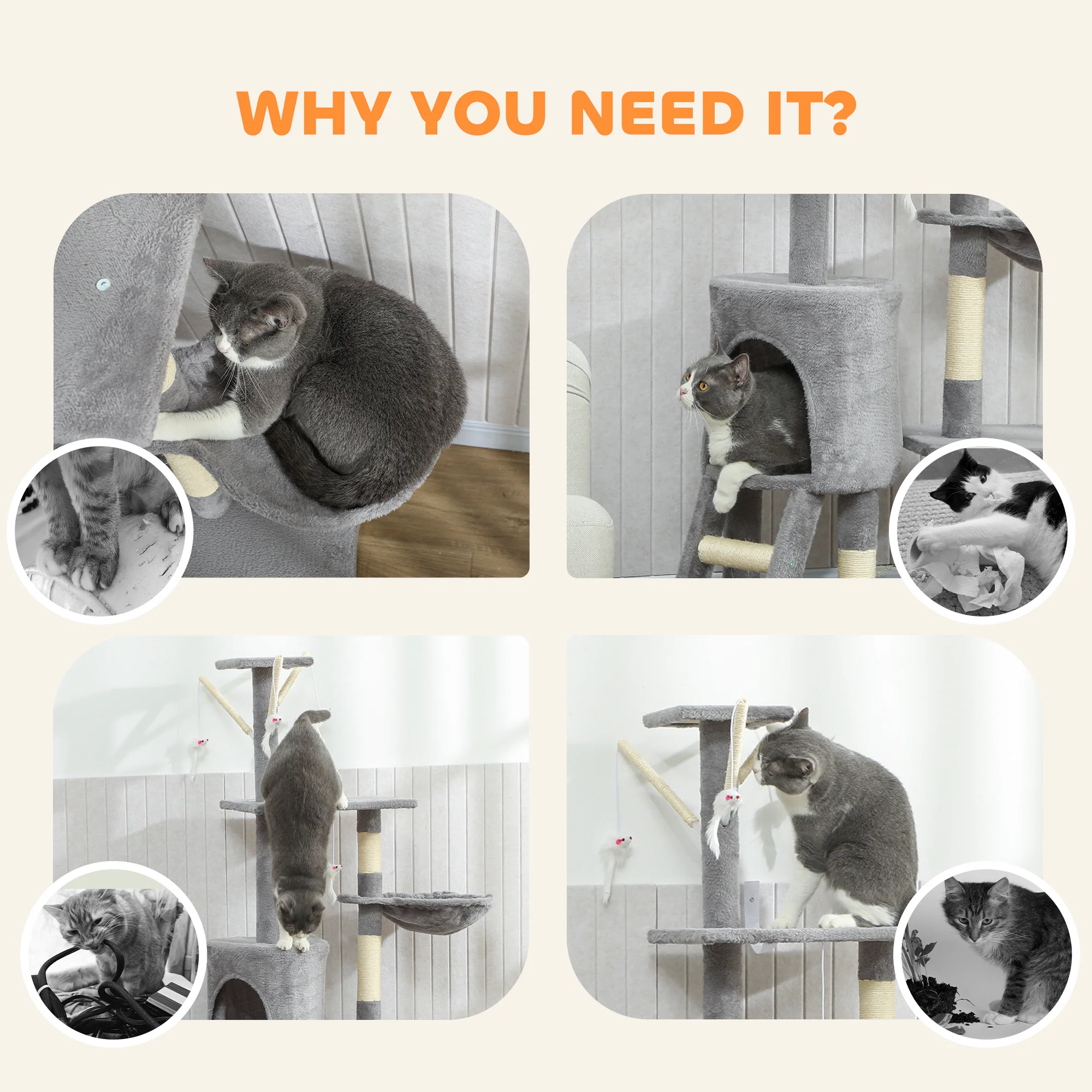 PawHut Cat Tree For Indoor Cats, 134cm Scratching Post Climbing Tower, Grey - Image 8