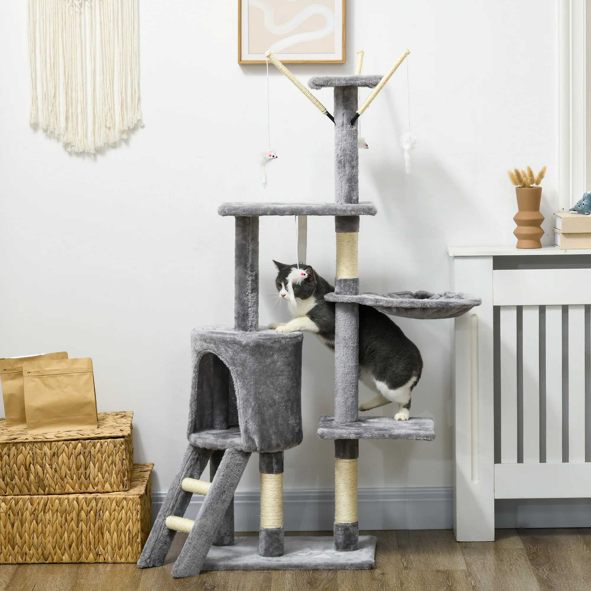 PawHut Cat Tree Kitty Activity Centre Scratching Post With Toys 5-tier Grey - Image 2