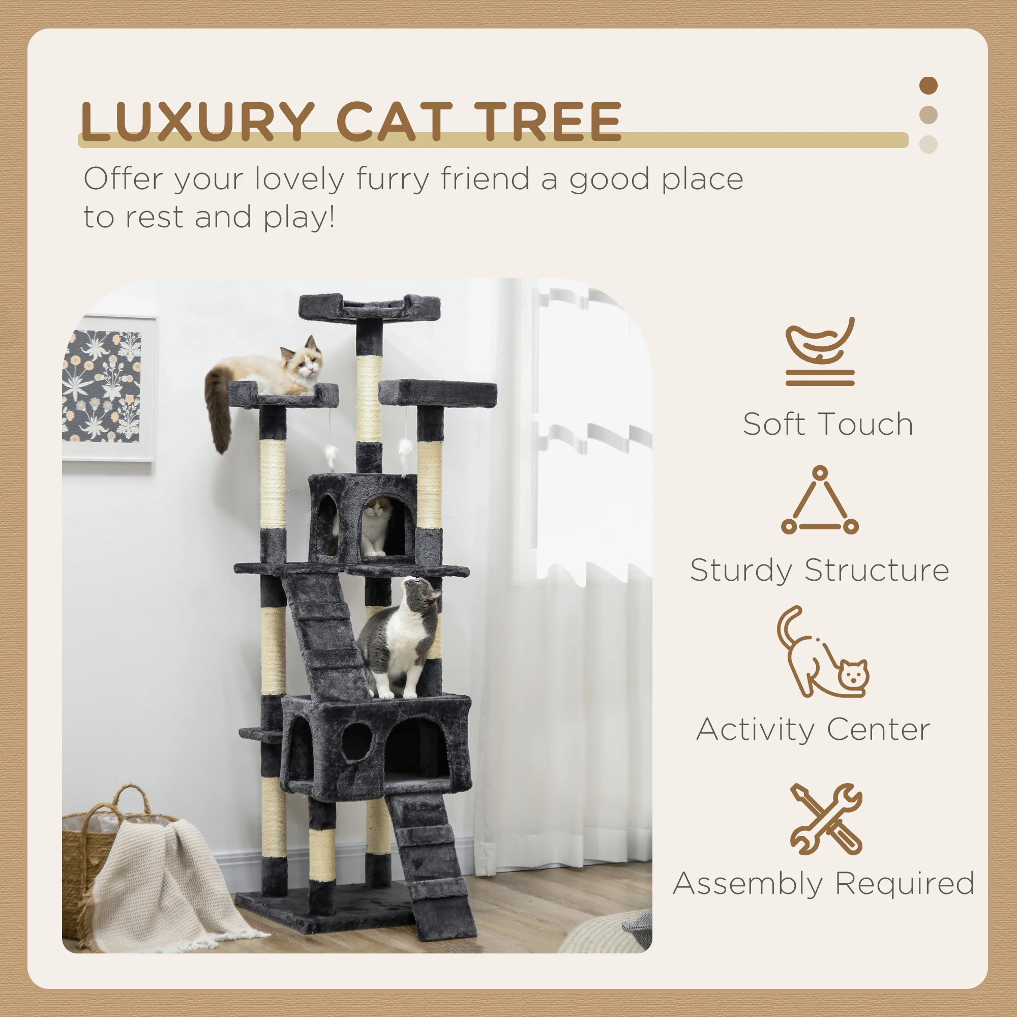 PawHut Cat Tree Scratcher Activity Centre, Condo Scratching Post Toy Bed - Image 3