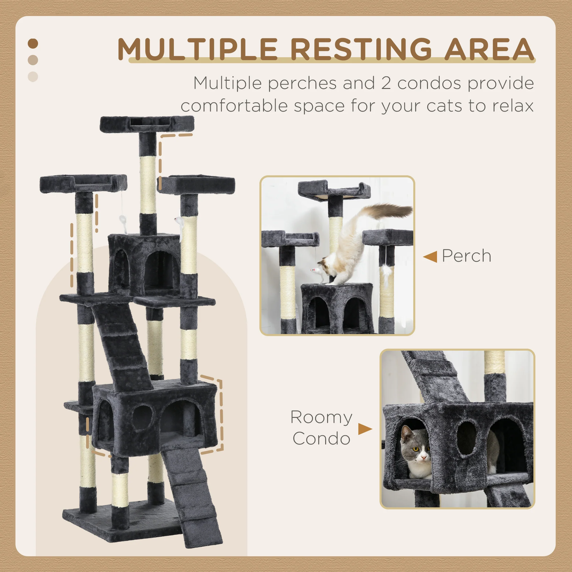PawHut Cat Tree Scratcher Activity Centre, Condo Scratching Post Toy Bed - Image 6
