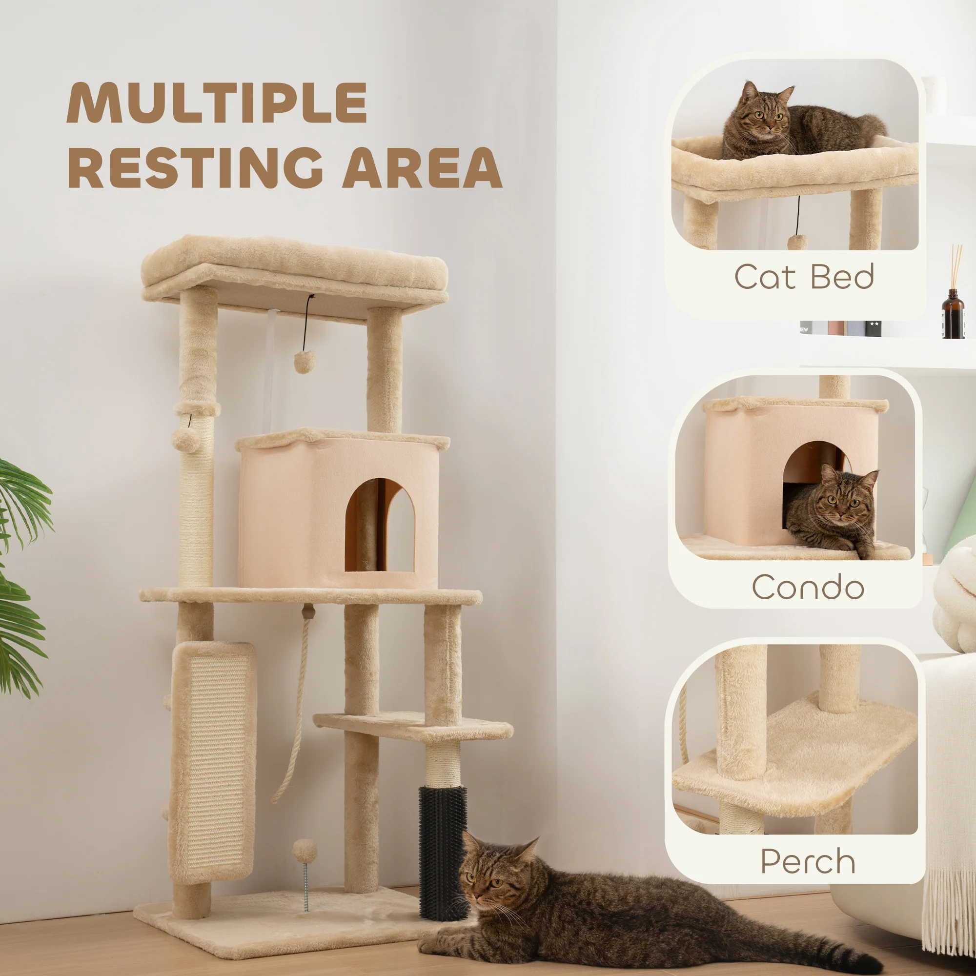 PawHut Cat Tree Tower Scratching Post Bed House, 132cm, Beige - Image 3