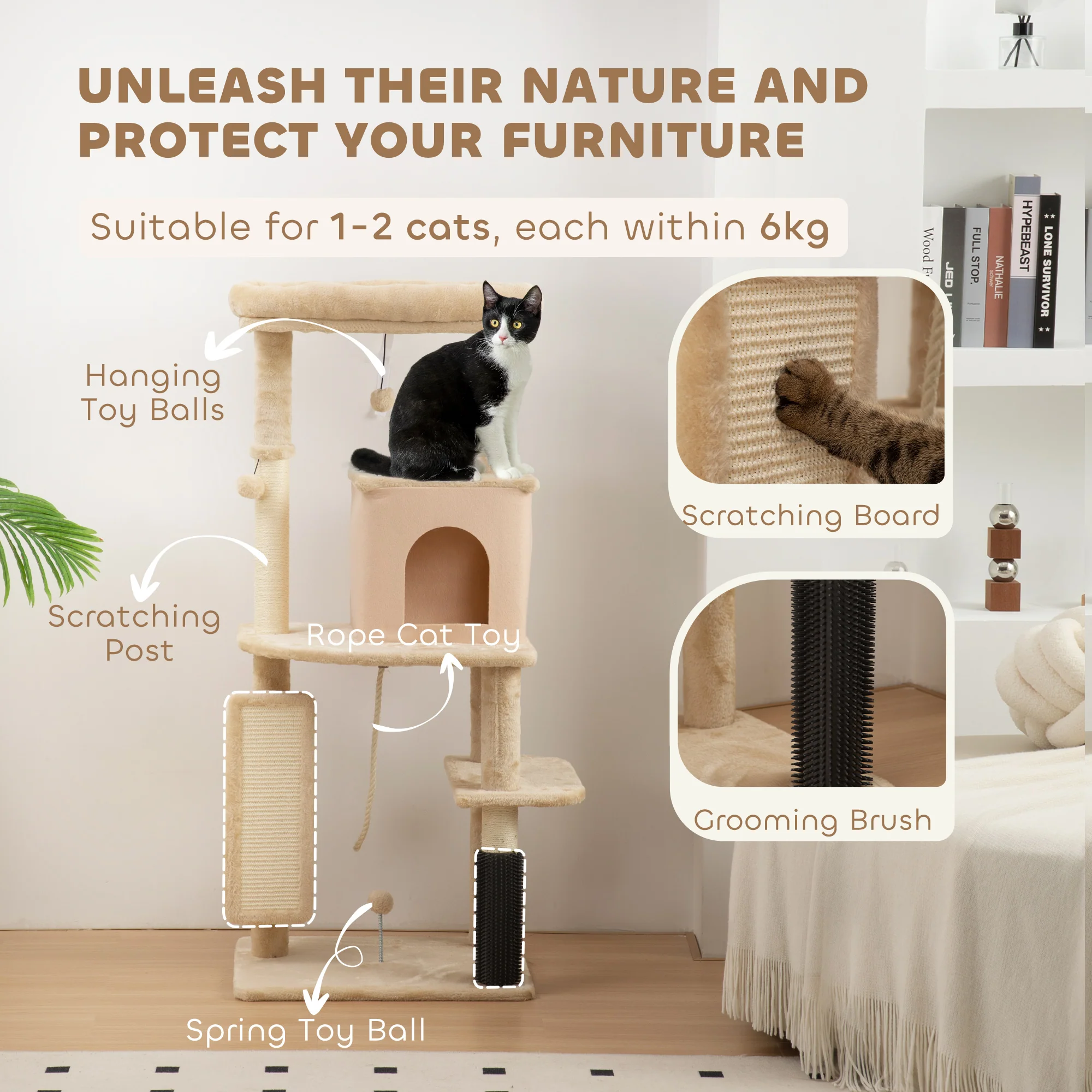 PawHut Cat Tree Tower Scratching Post Bed House, 132cm, Beige - Image 4