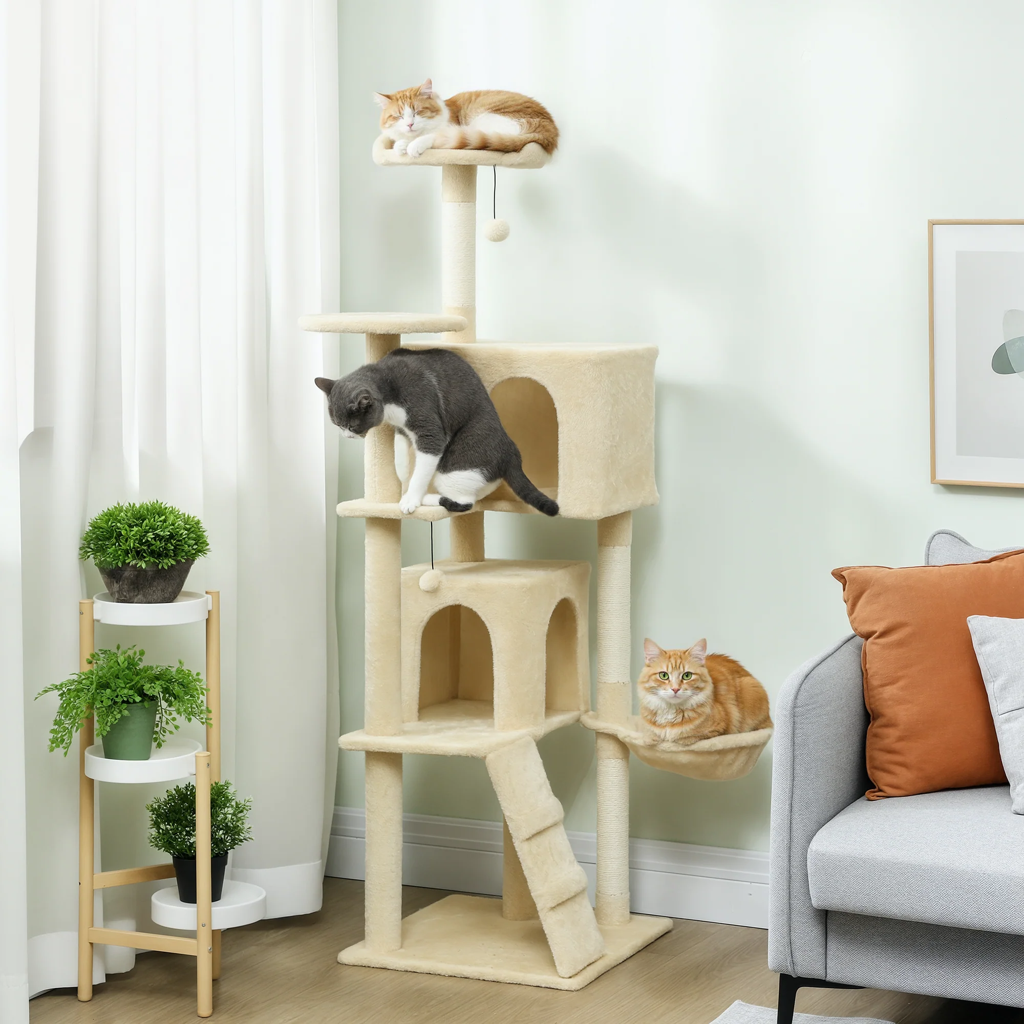PawHut Cat Tree Tower With Sisal Scratching Posts, Condos, Beige - Image 11