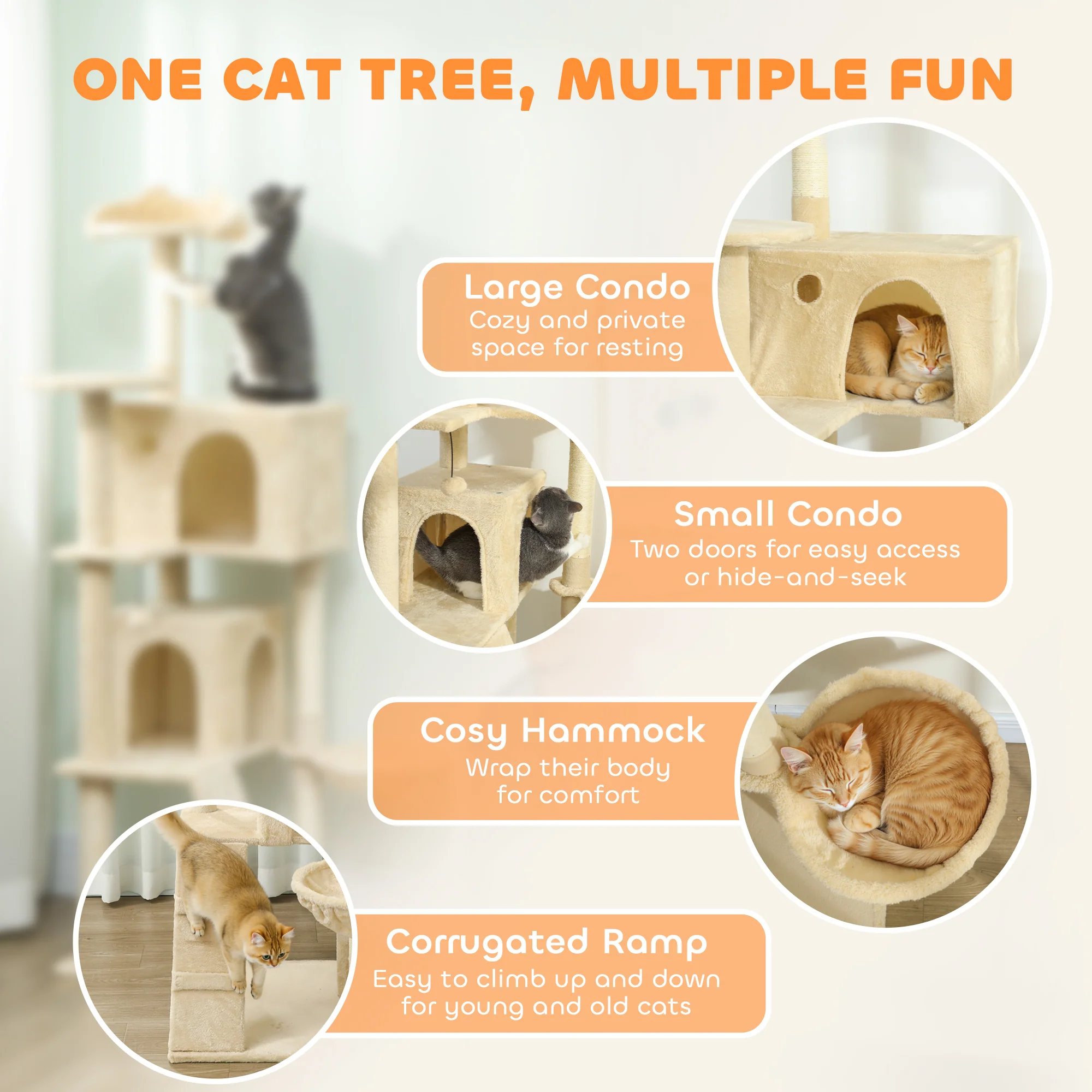 PawHut Cat Tree Tower With Sisal Scratching Posts, Condos, Beige - Image 12