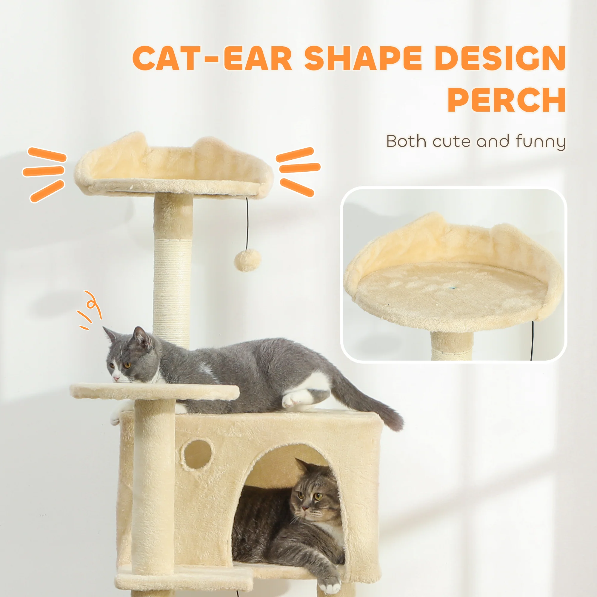 PawHut Cat Tree Tower With Sisal Scratching Posts, Condos, Beige - Image 13