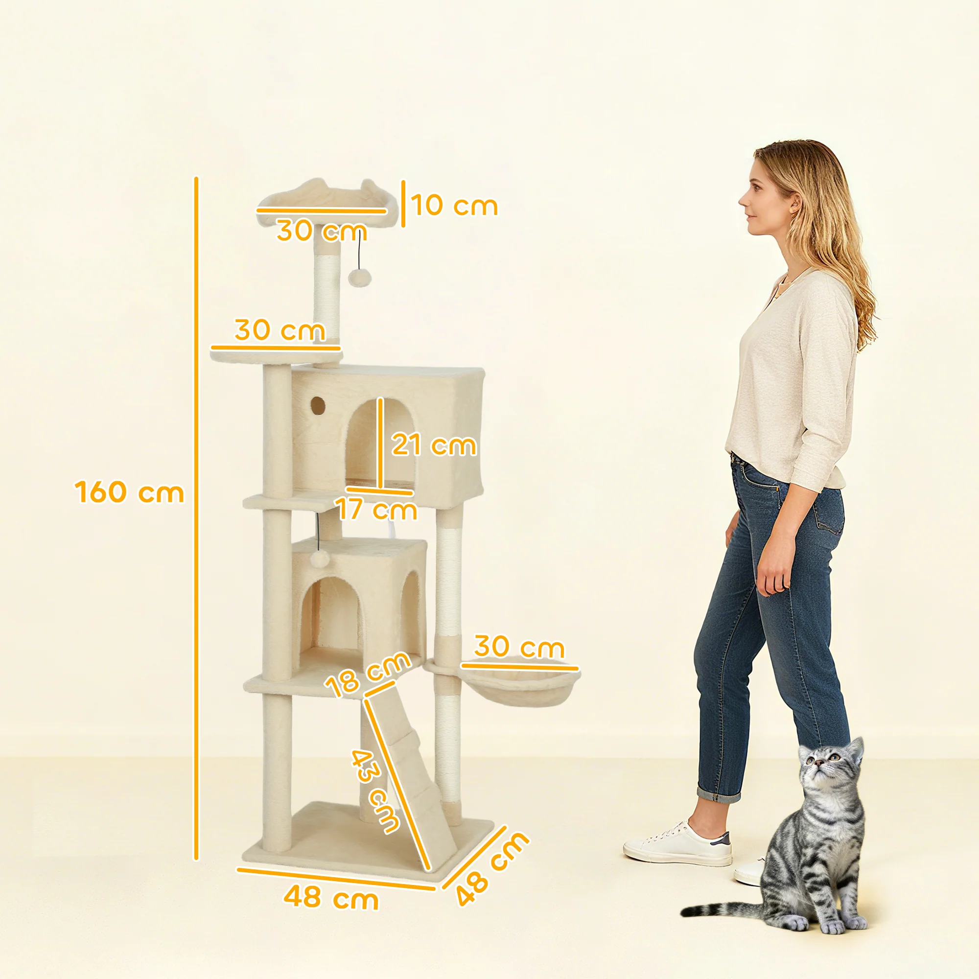 PawHut Cat Tree Tower With Sisal Scratching Posts, Condos, Beige - Image 14