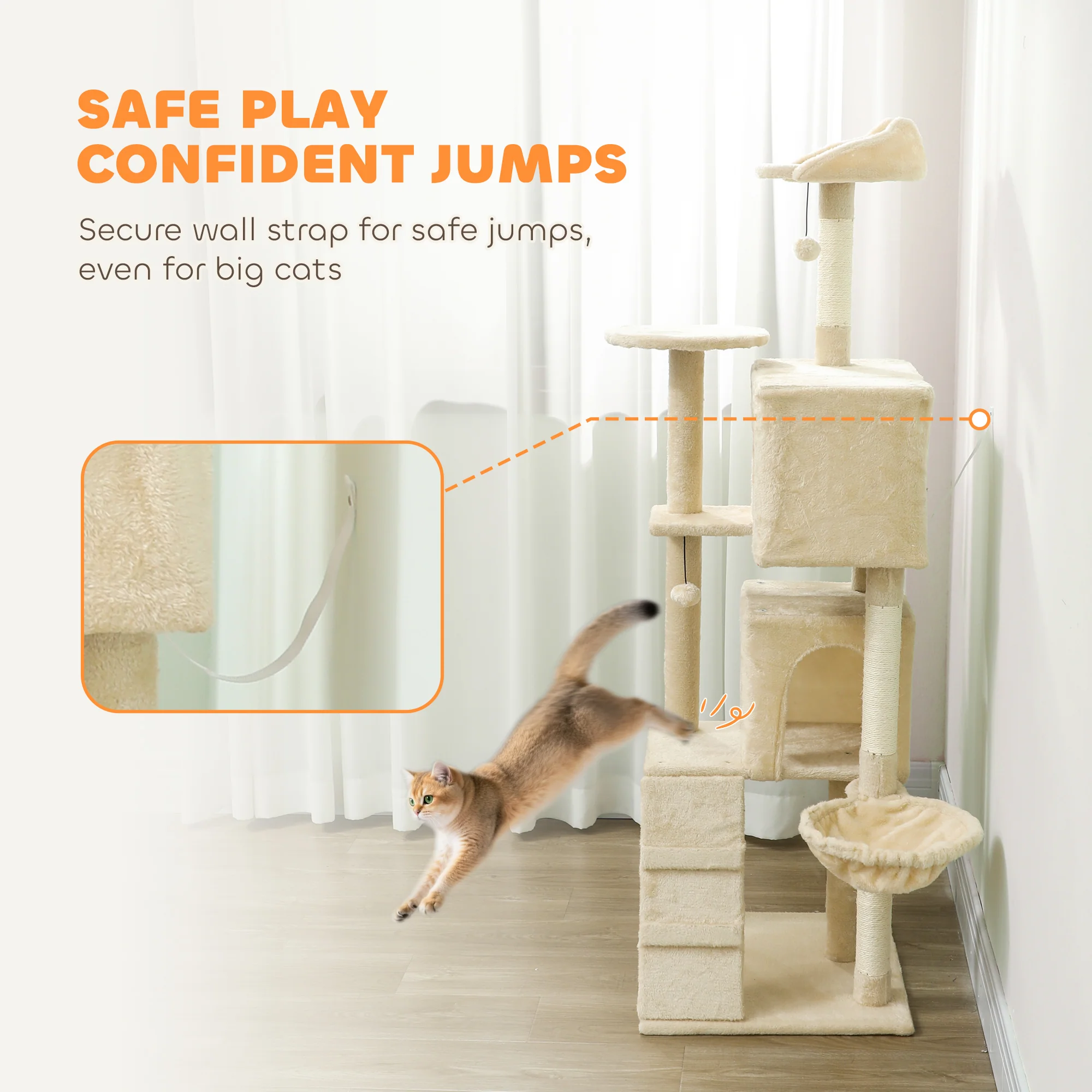 PawHut Cat Tree Tower With Sisal Scratching Posts, Condos, Beige - Image 15