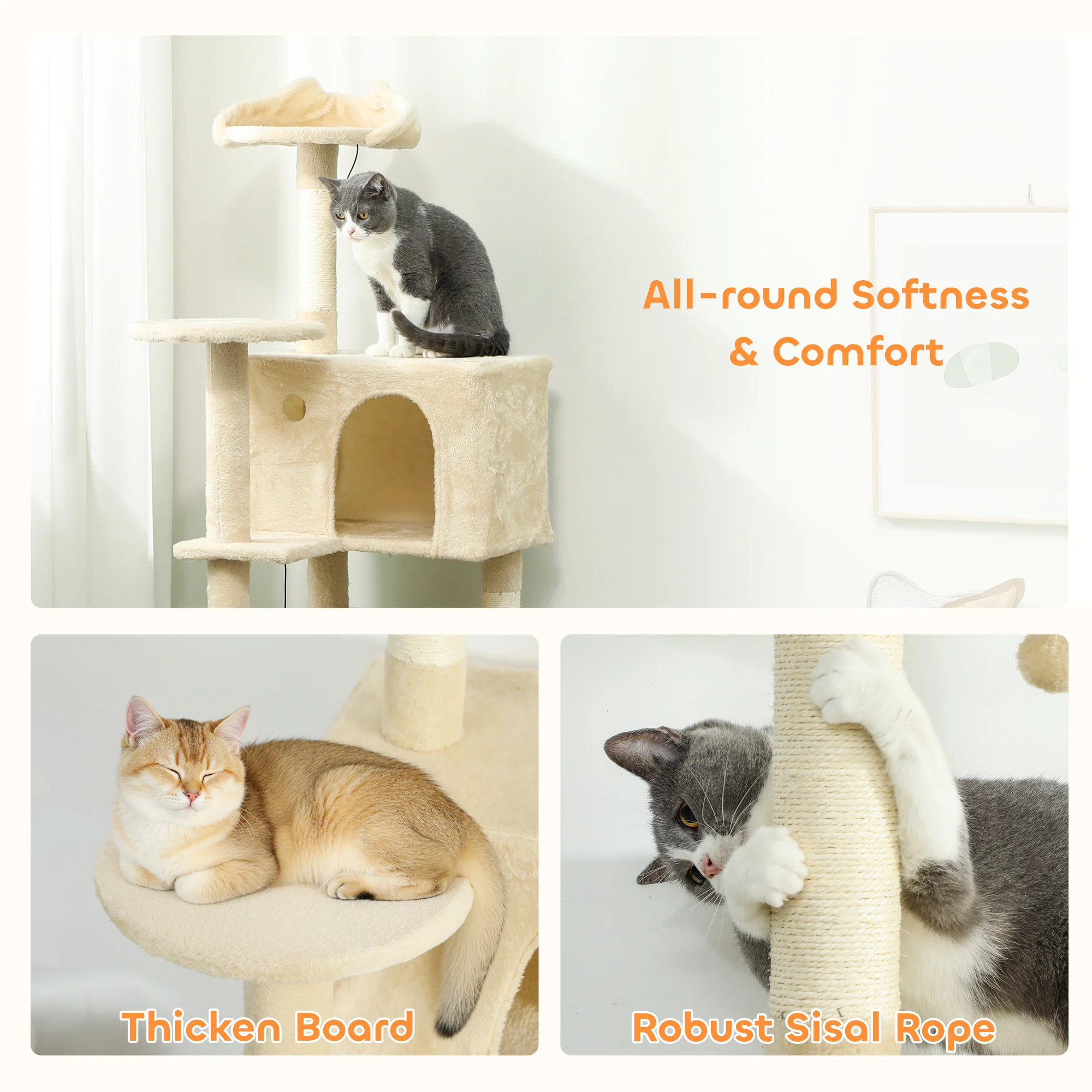 PawHut Cat Tree Tower With Sisal Scratching Posts, Condos, Beige - Image 16