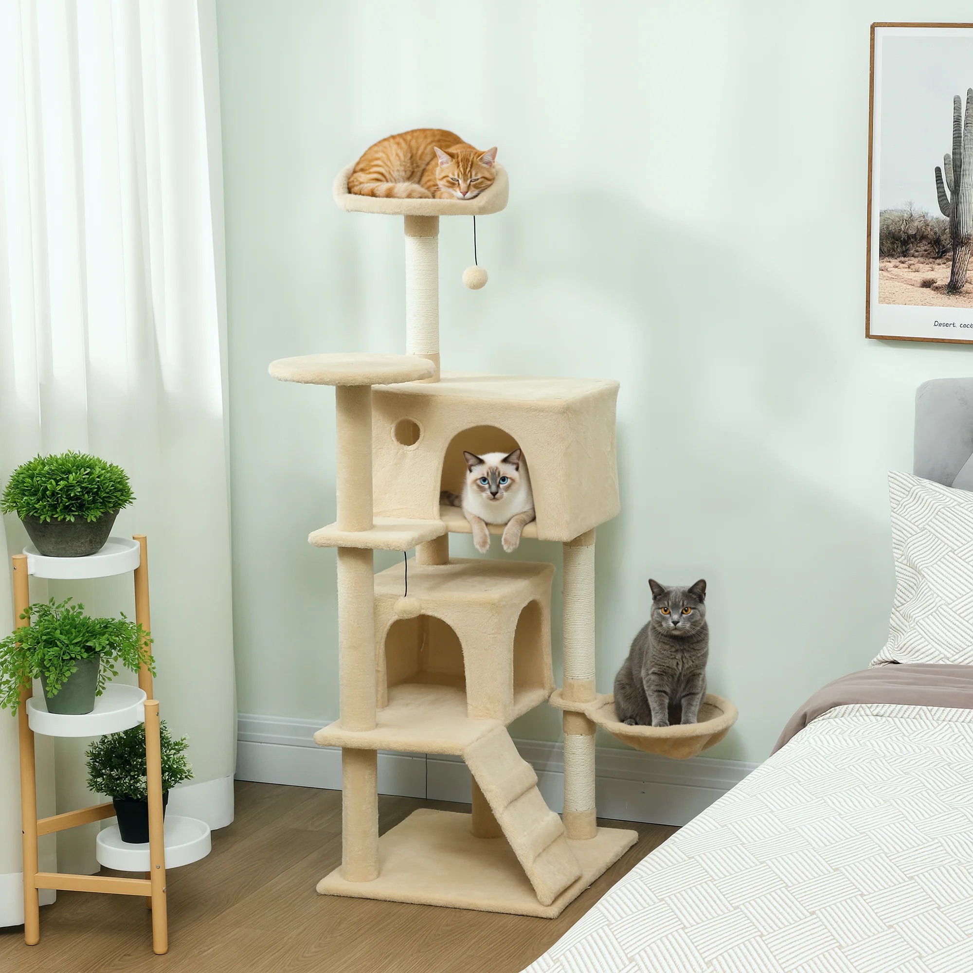 PawHut Cat Tree Tower With Sisal Scratching Posts, Condos, Beige - Image 2