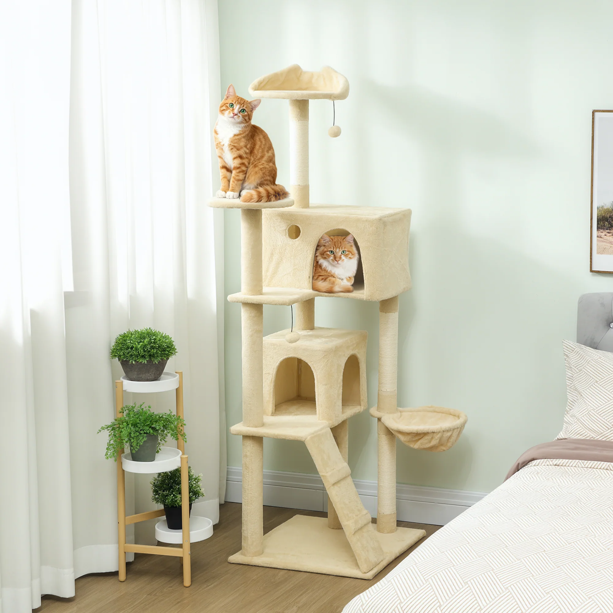 PawHut Cat Tree Tower With Sisal Scratching Posts, Condos, Beige - Image 20