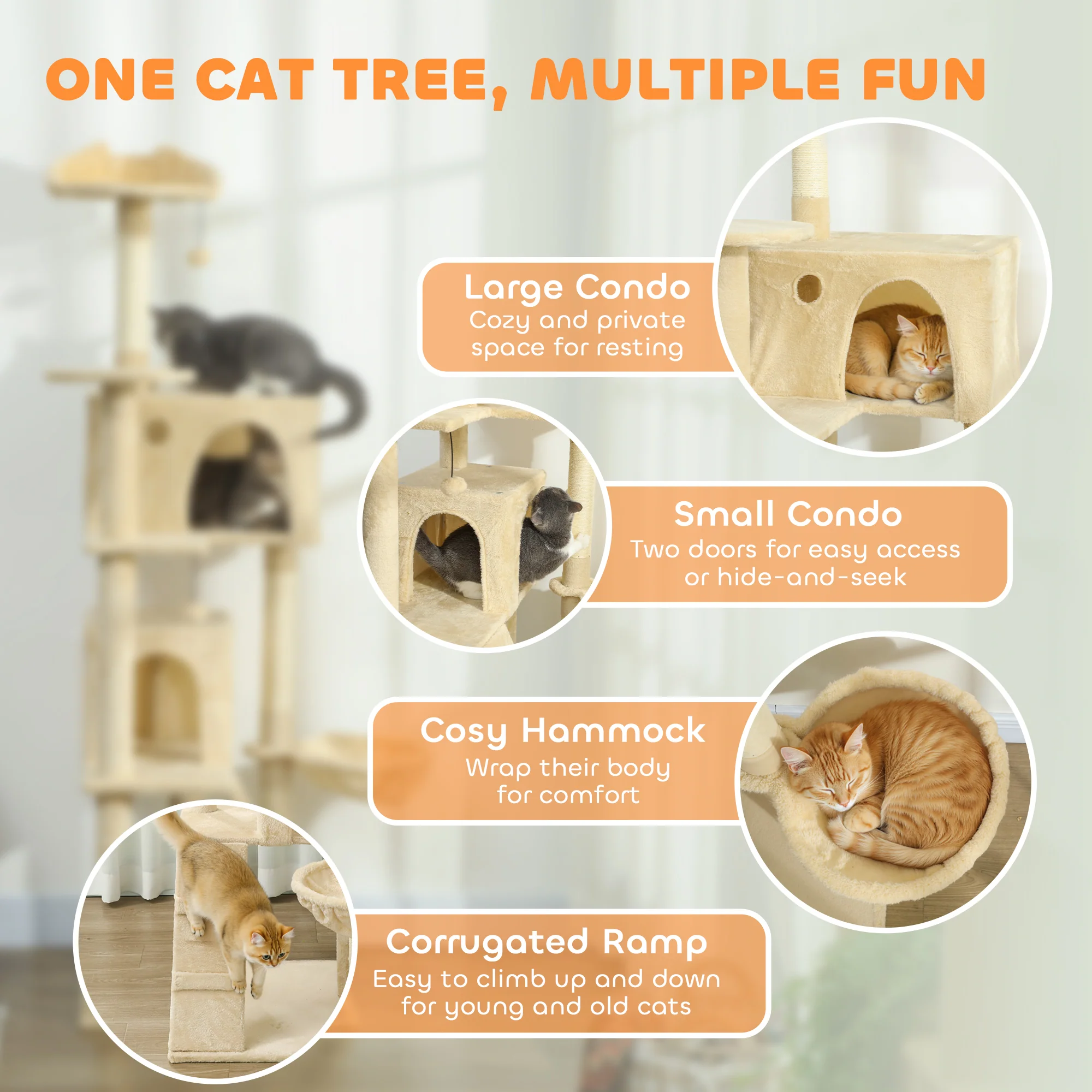 PawHut Cat Tree Tower With Sisal Scratching Posts, Condos, Beige - Image 21