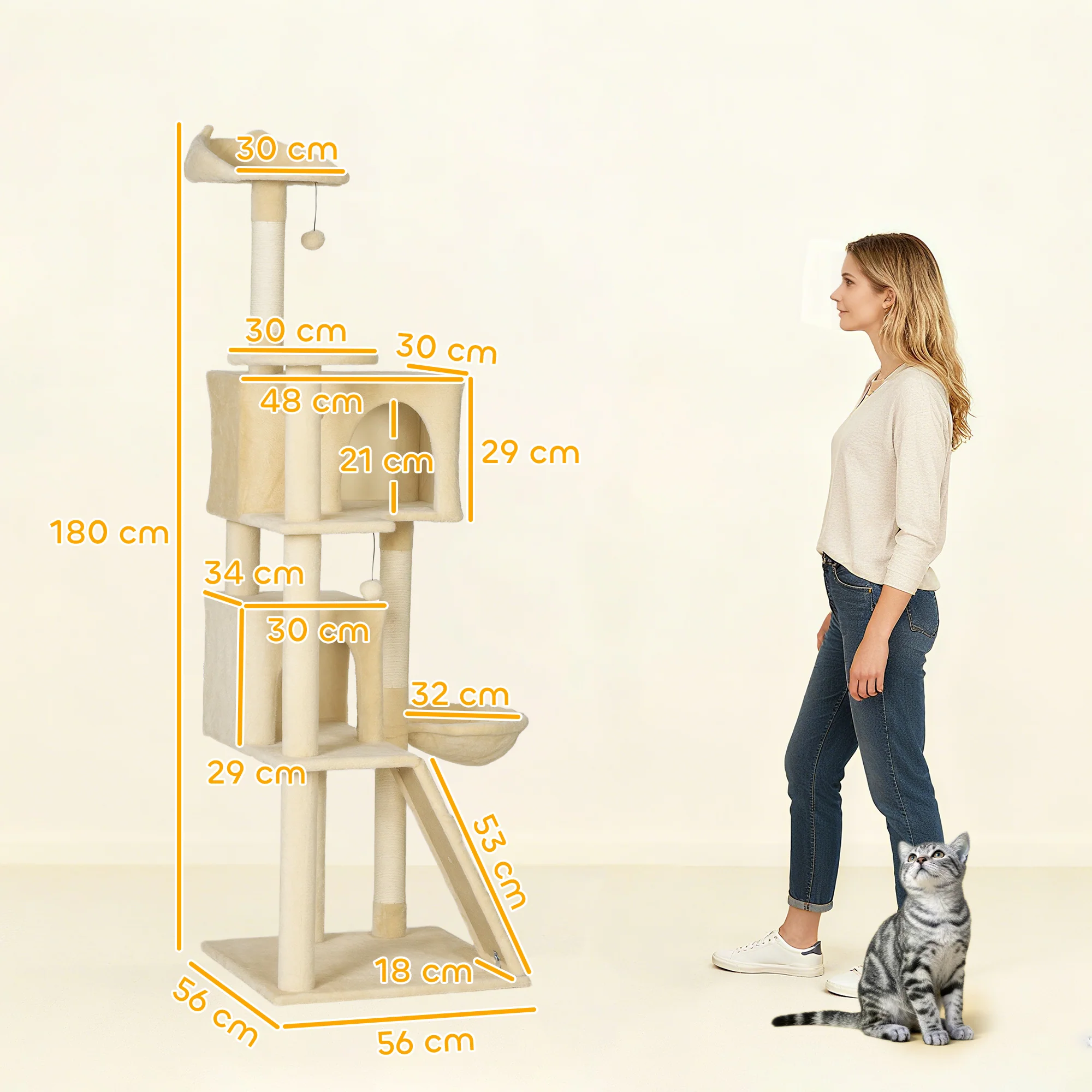 PawHut Cat Tree Tower With Sisal Scratching Posts, Condos, Beige - Image 23