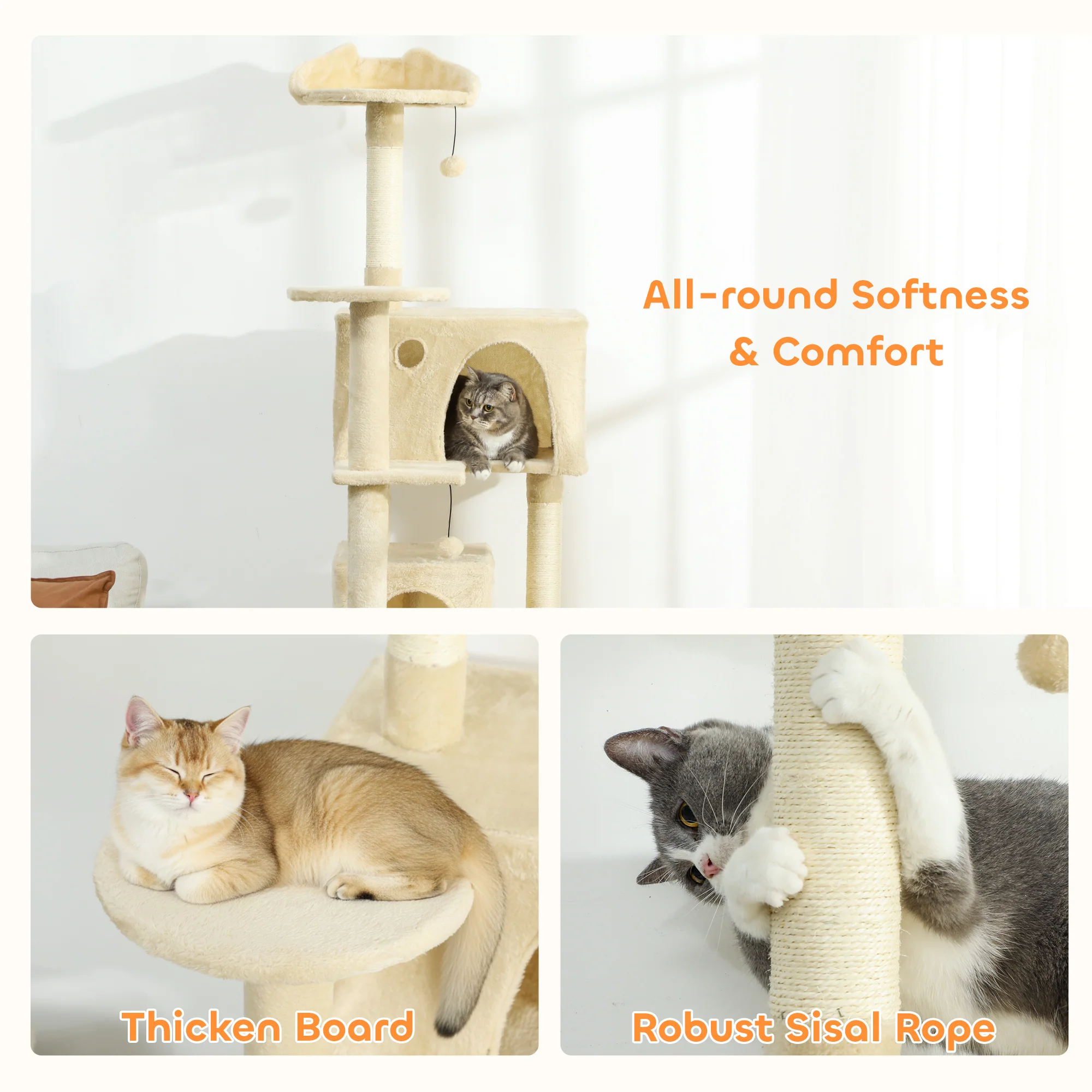 PawHut Cat Tree Tower With Sisal Scratching Posts, Condos, Beige - Image 25