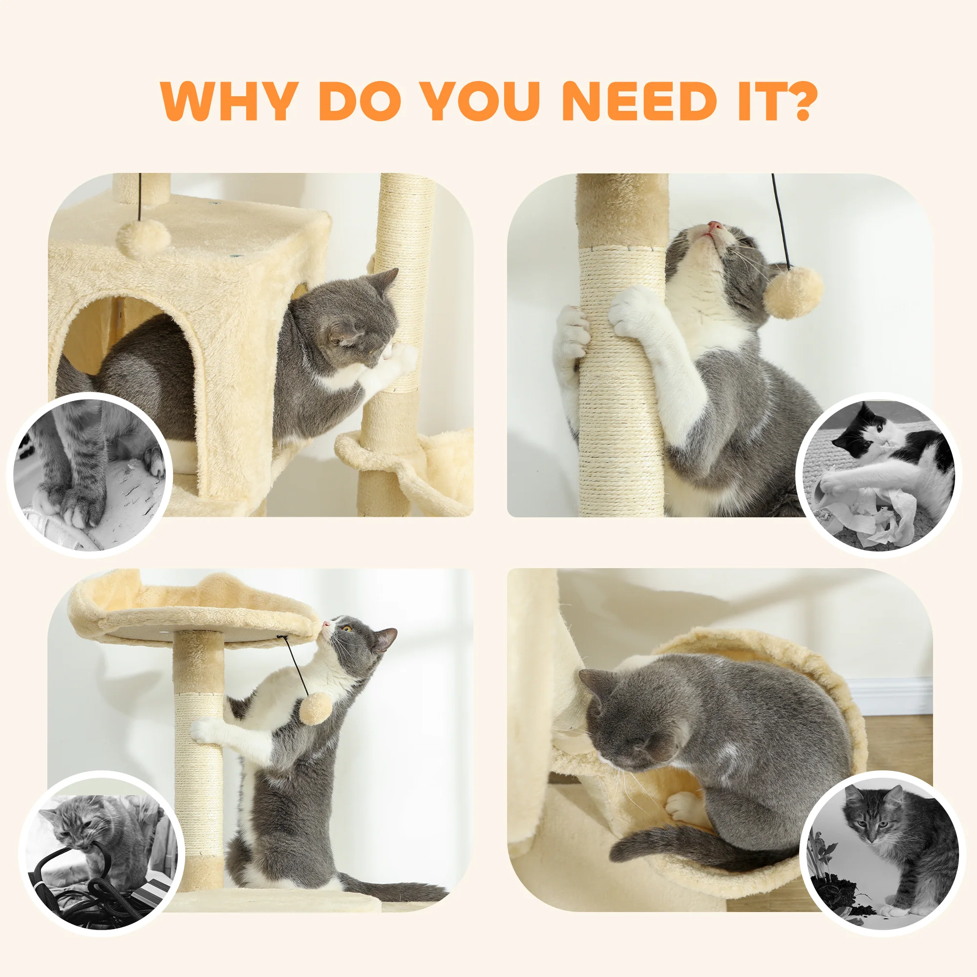 PawHut Cat Tree Tower With Sisal Scratching Posts, Condos, Beige - Image 26