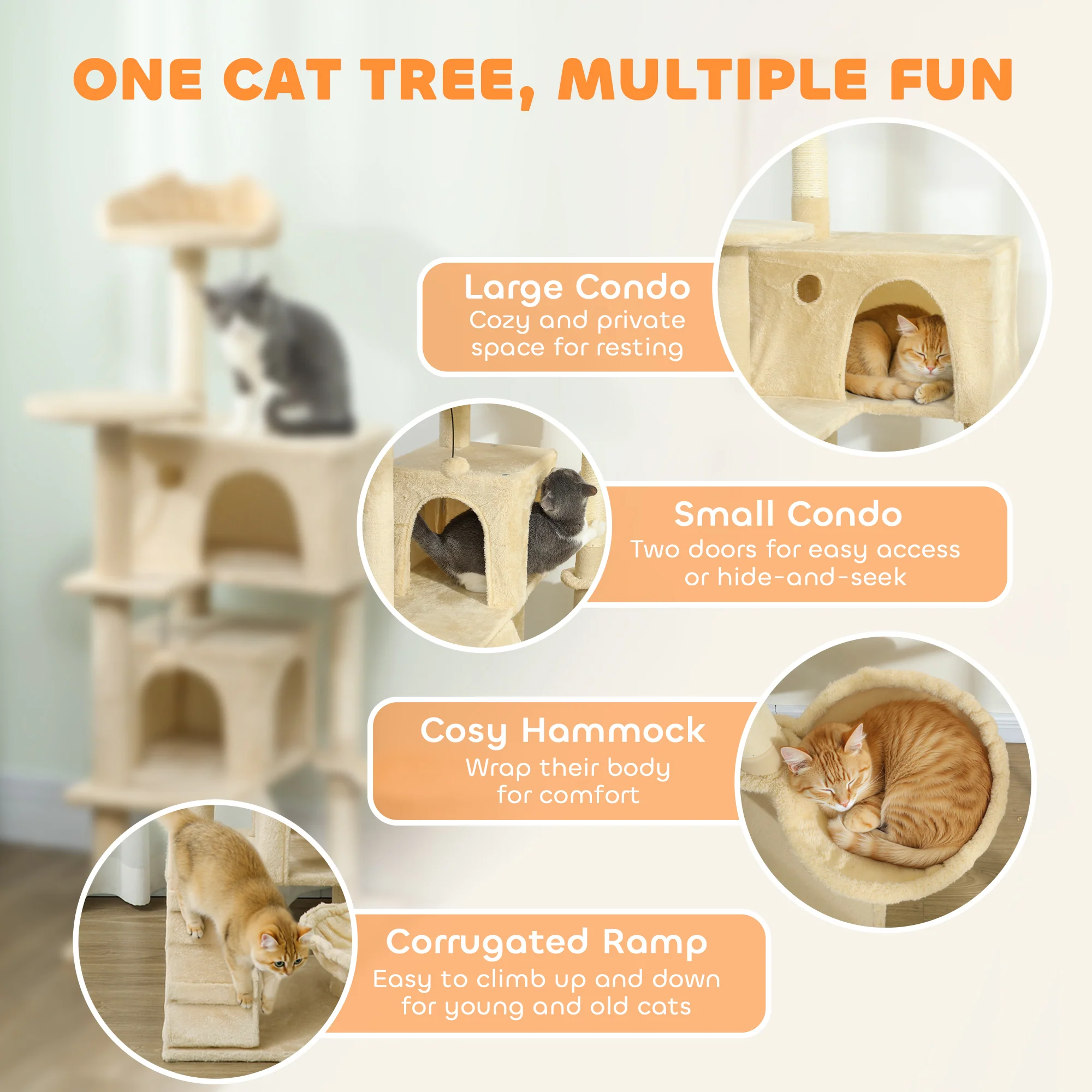PawHut Cat Tree Tower With Sisal Scratching Posts, Condos, Beige - Image 3