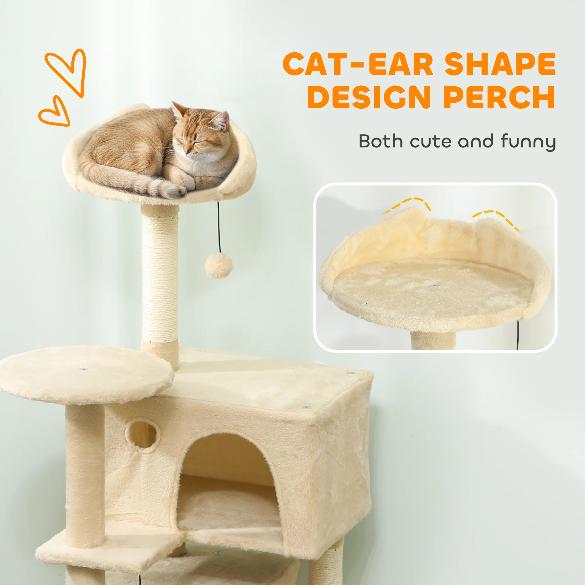 PawHut Cat Tree Tower With Sisal Scratching Posts, Condos, Beige - Image 4
