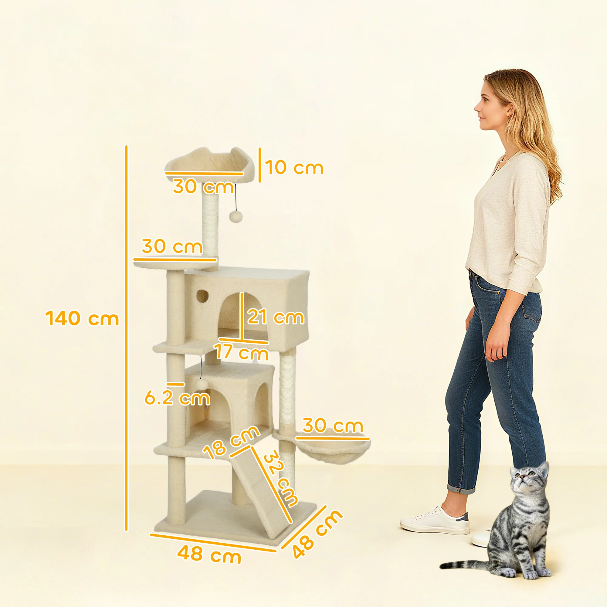 PawHut Cat Tree Tower With Sisal Scratching Posts, Condos, Beige - Image 5