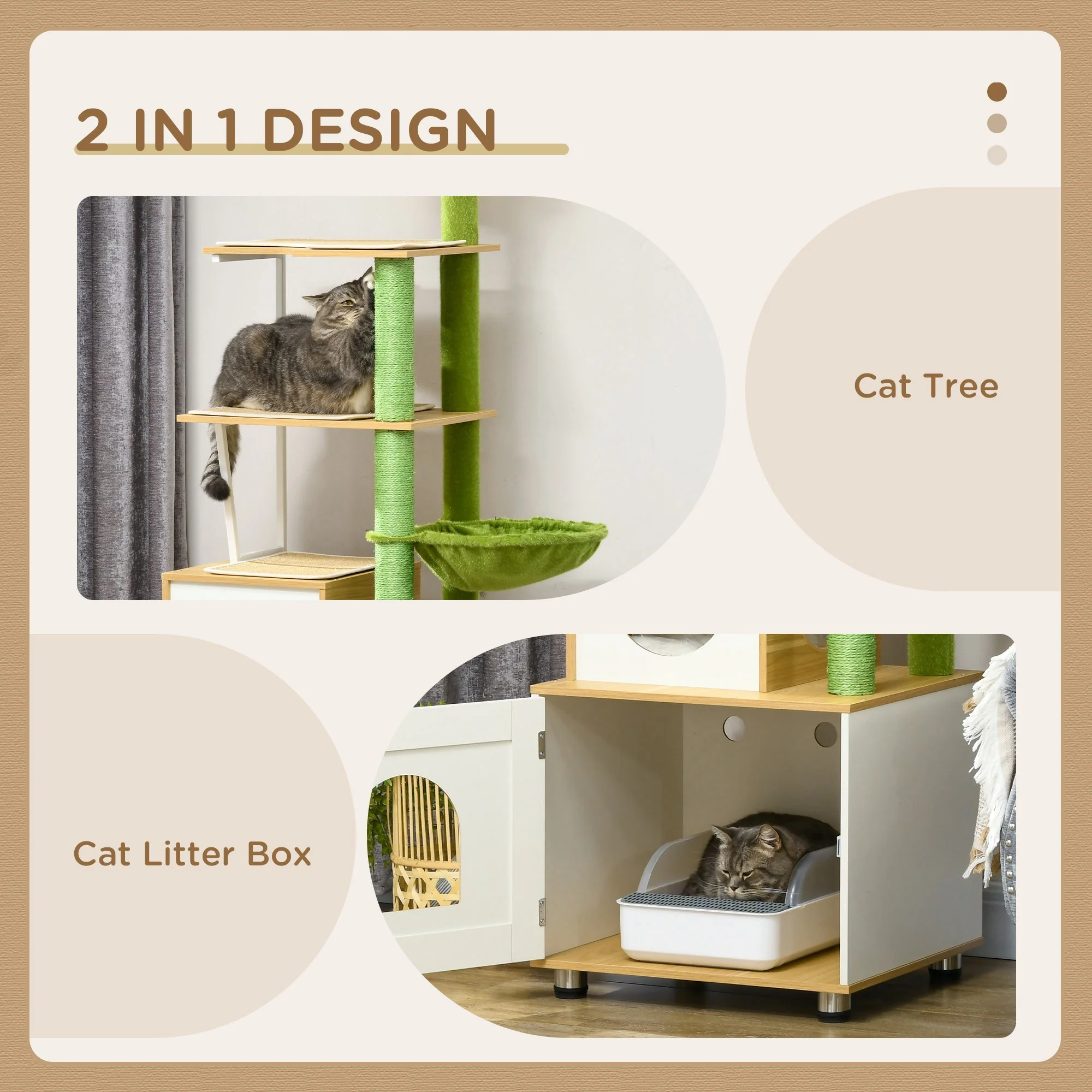 PawHut Cat Tree w/ Litter Box, Scratching Post, Cat House, Hammock - Oak Tone - Image 3