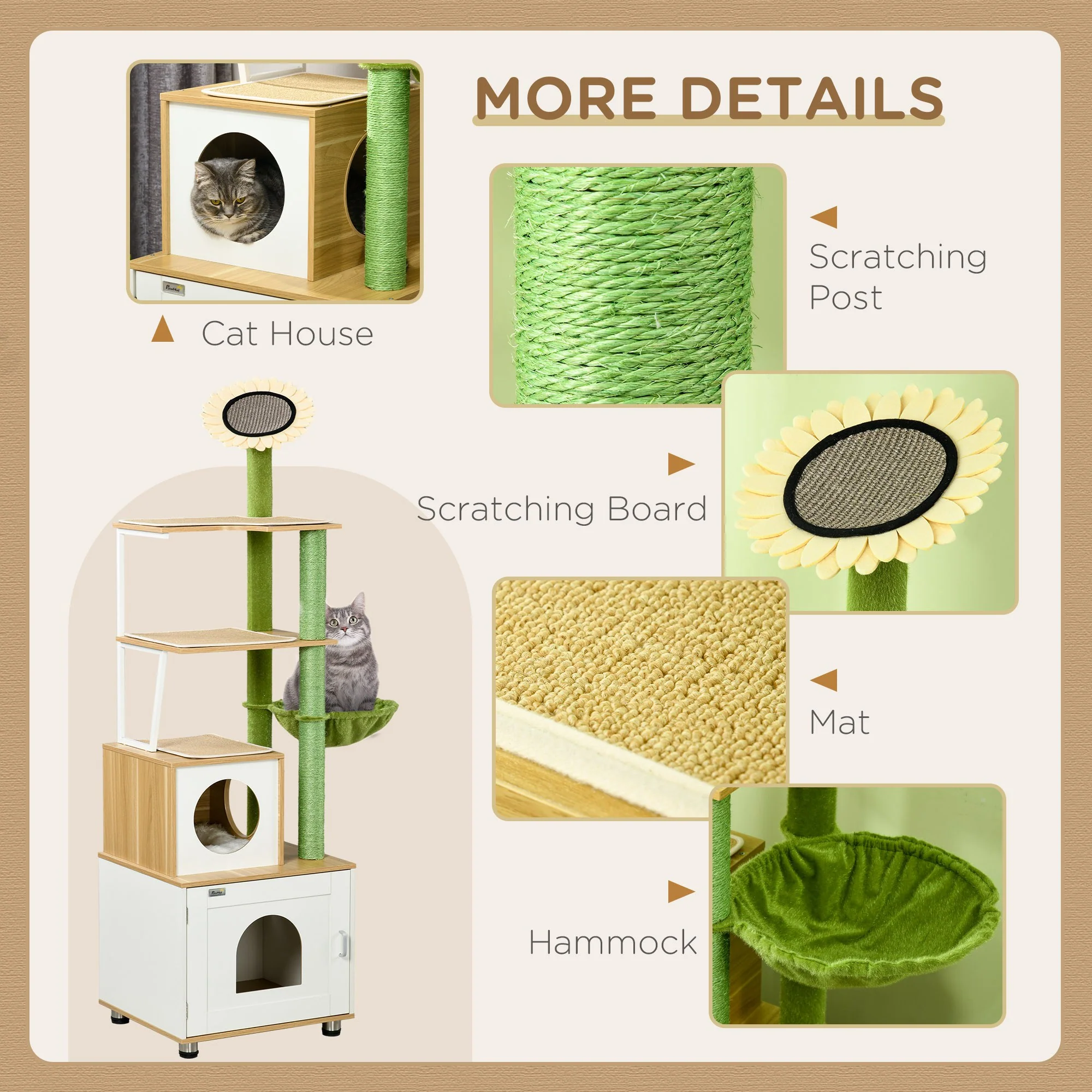 PawHut Cat Tree w/ Litter Box, Scratching Post, Cat House, Hammock - Oak Tone - Image 4