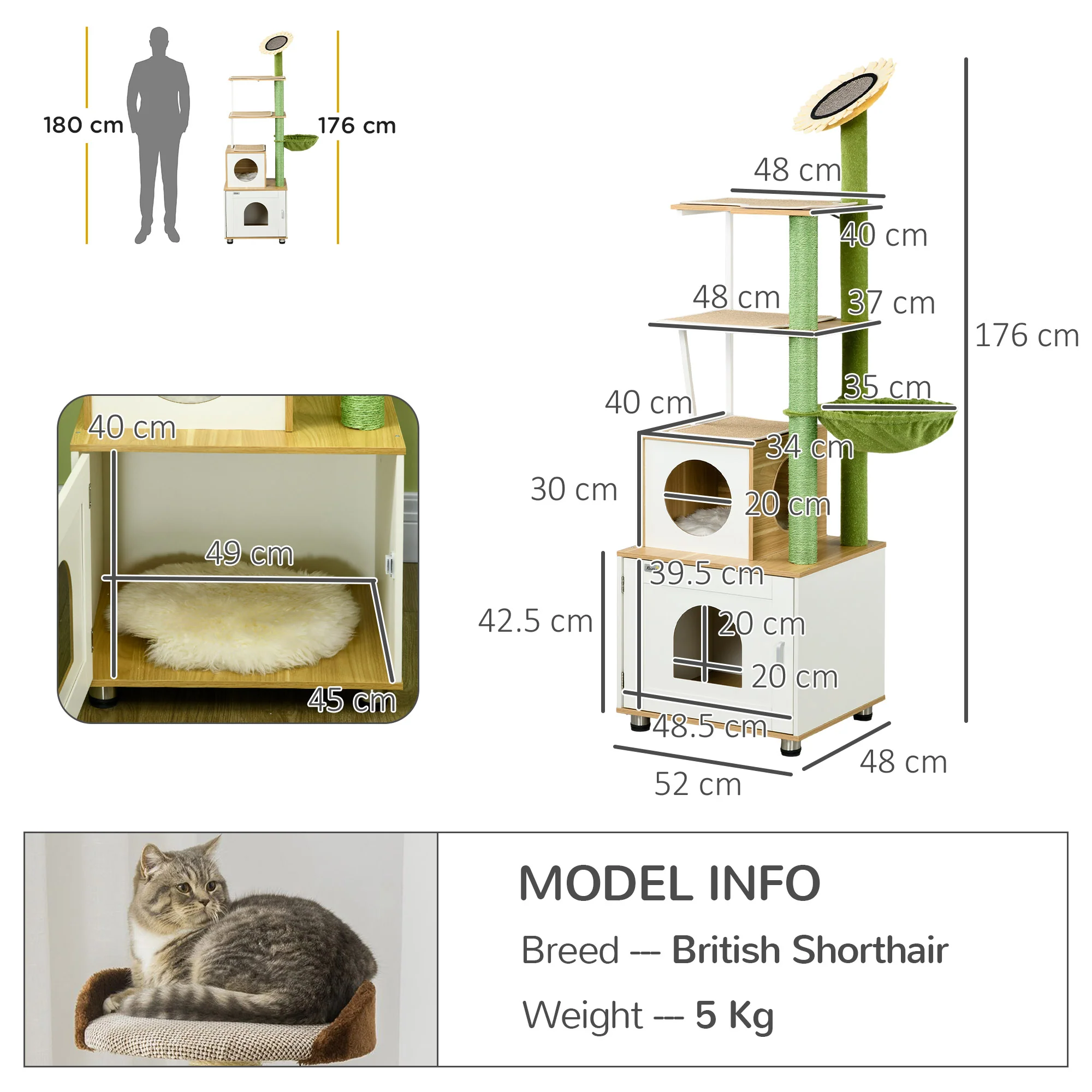 PawHut Cat Tree w/ Litter Box, Scratching Post, Cat House, Hammock - Oak Tone - Image 5