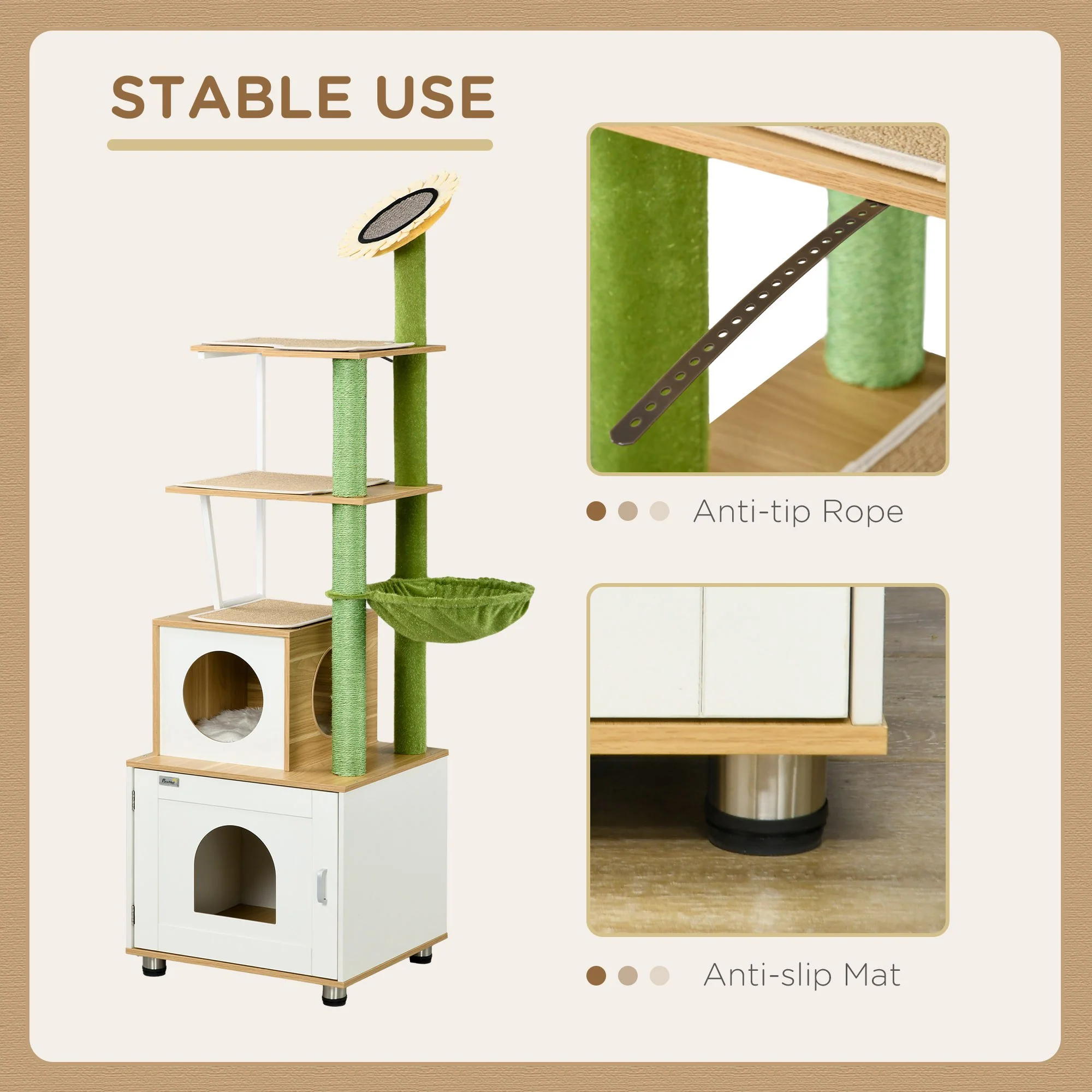 PawHut Cat Tree w/ Litter Box, Scratching Post, Cat House, Hammock - Oak Tone - Image 6