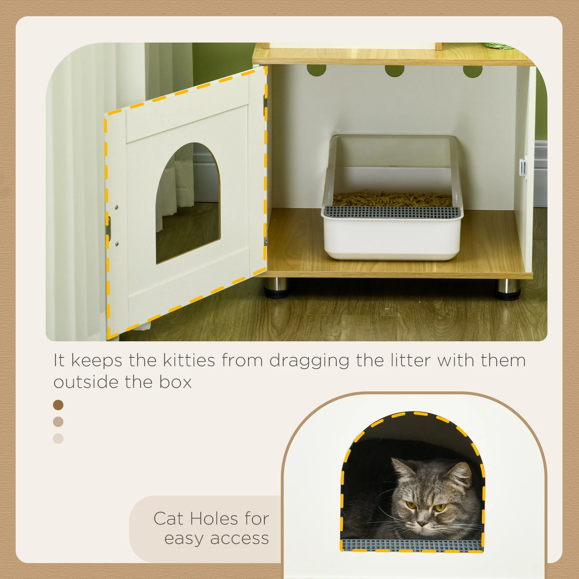 PawHut Cat Tree w/ Litter Box, Scratching Post, Cat House, Hammock - Oak Tone - Image 7