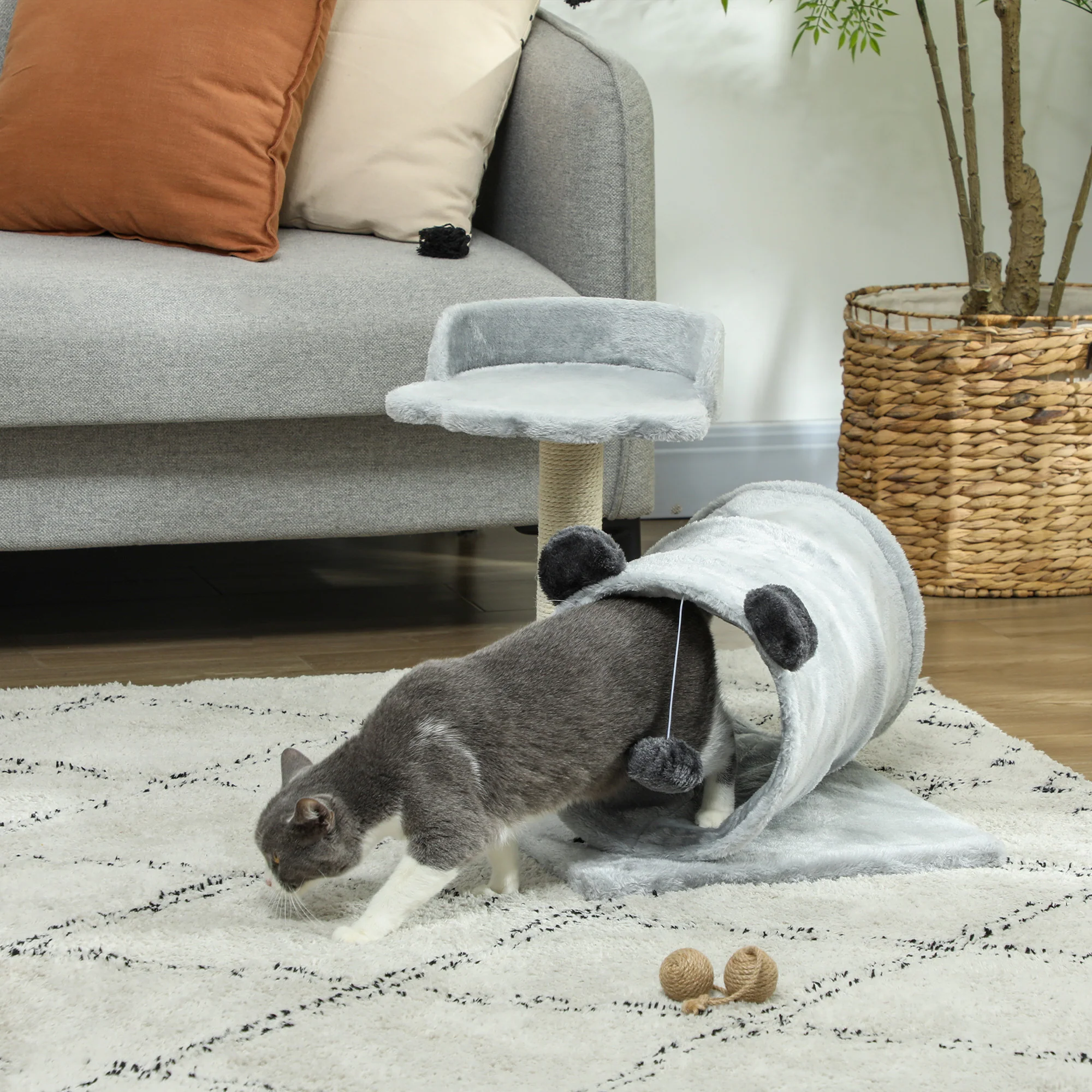 PawHut Cat Tree W/ Scratching Post, Bed, Cat Tunnel, Toy Ball - Image 11