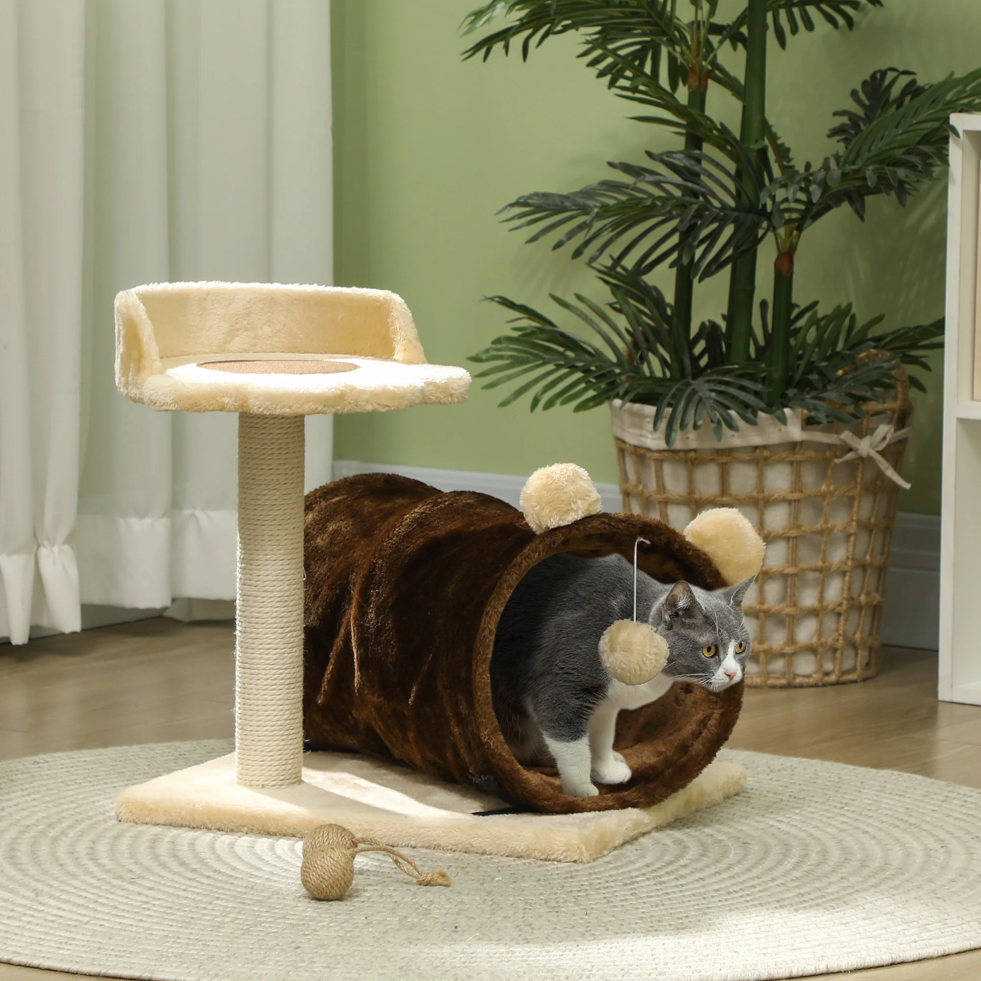 PawHut Cat Tree W/ Scratching Post, Bed, Cat Tunnel, Toy Ball - Image 2