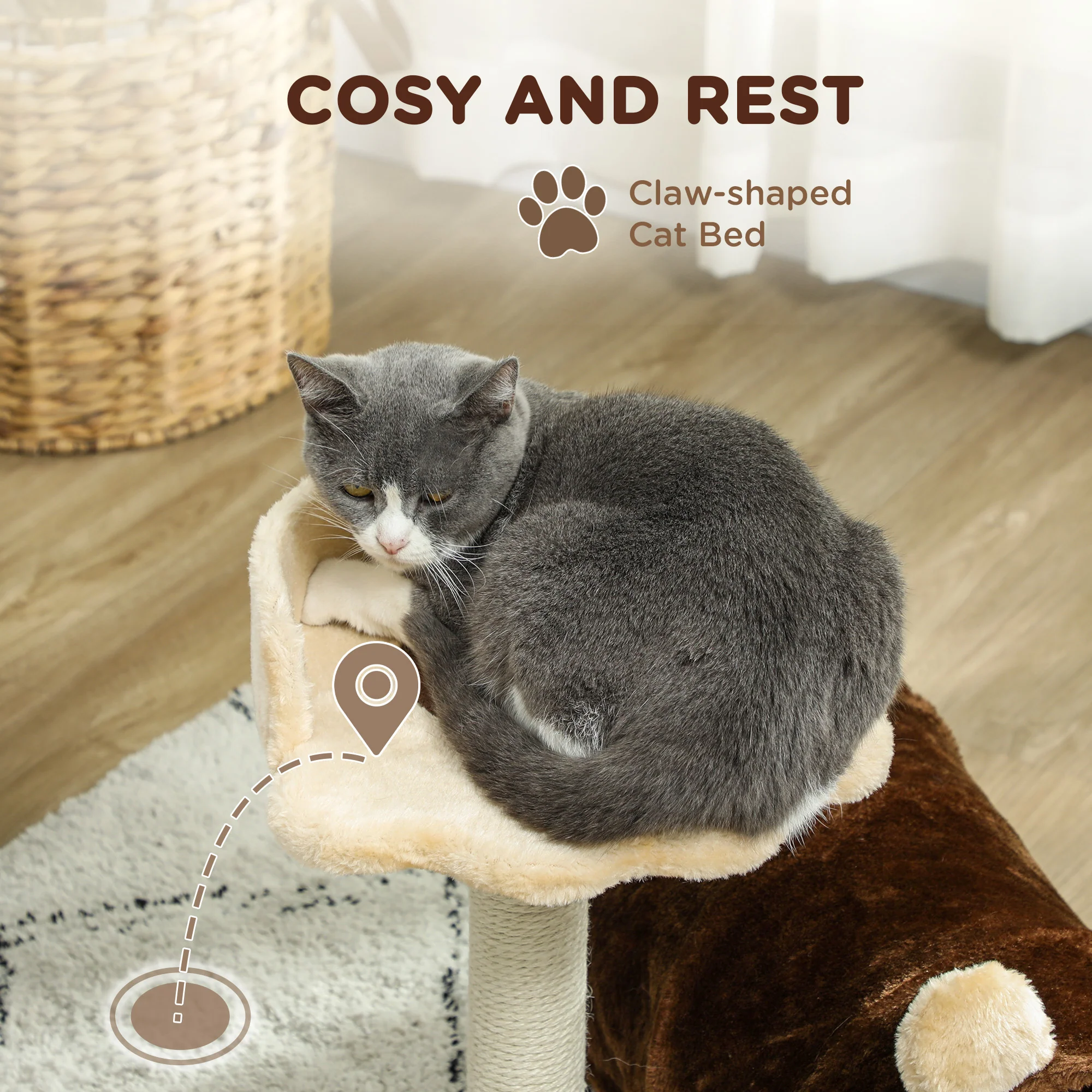 PawHut Cat Tree W/ Scratching Post, Bed, Cat Tunnel, Toy Ball - Image 4