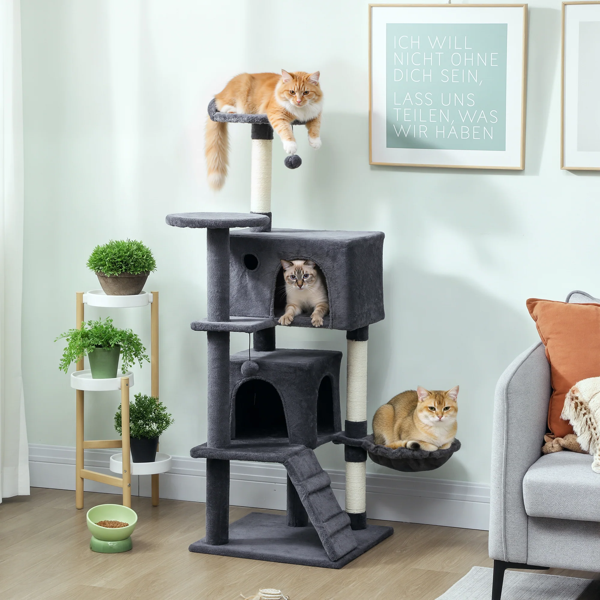 PawHut Cat Tree With Sisal Scratching Posts, Cat Houses, Dark Grey - Image 2
