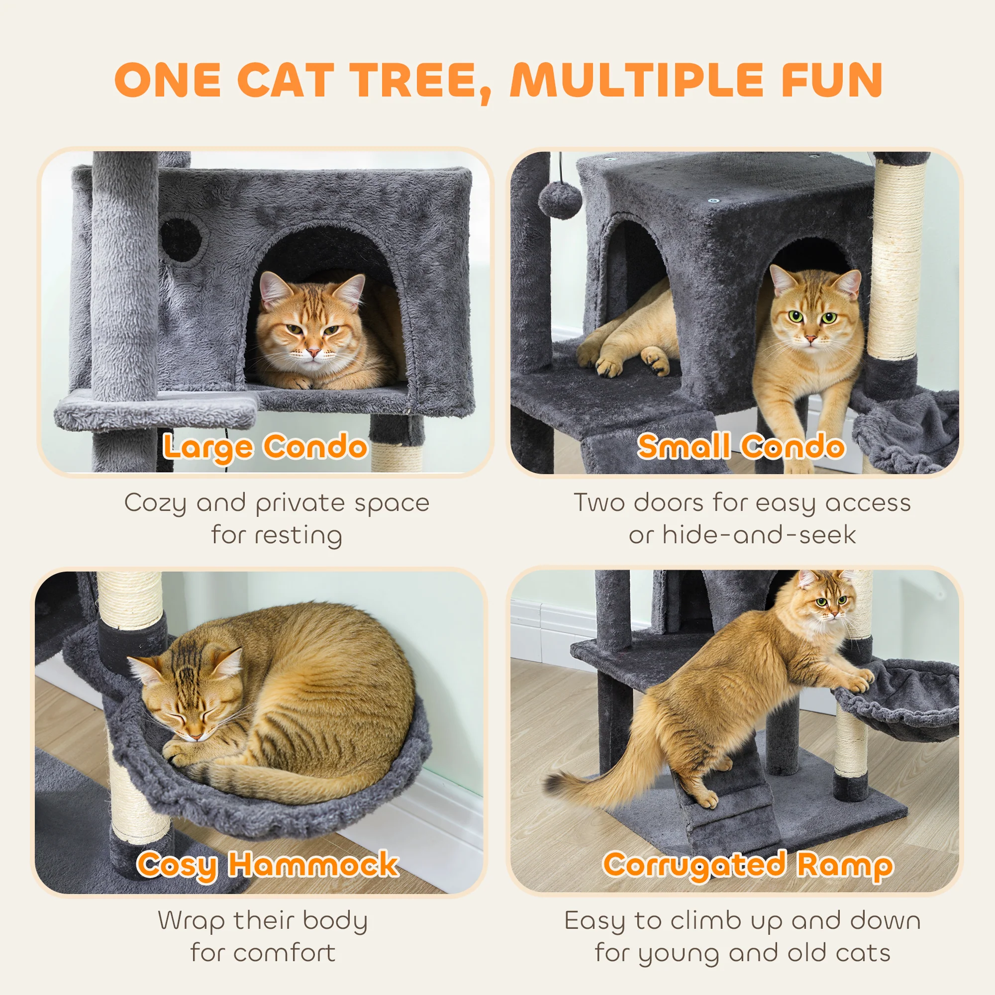 PawHut Cat Tree With Sisal Scratching Posts, Cat Houses, Dark Grey - Image 3