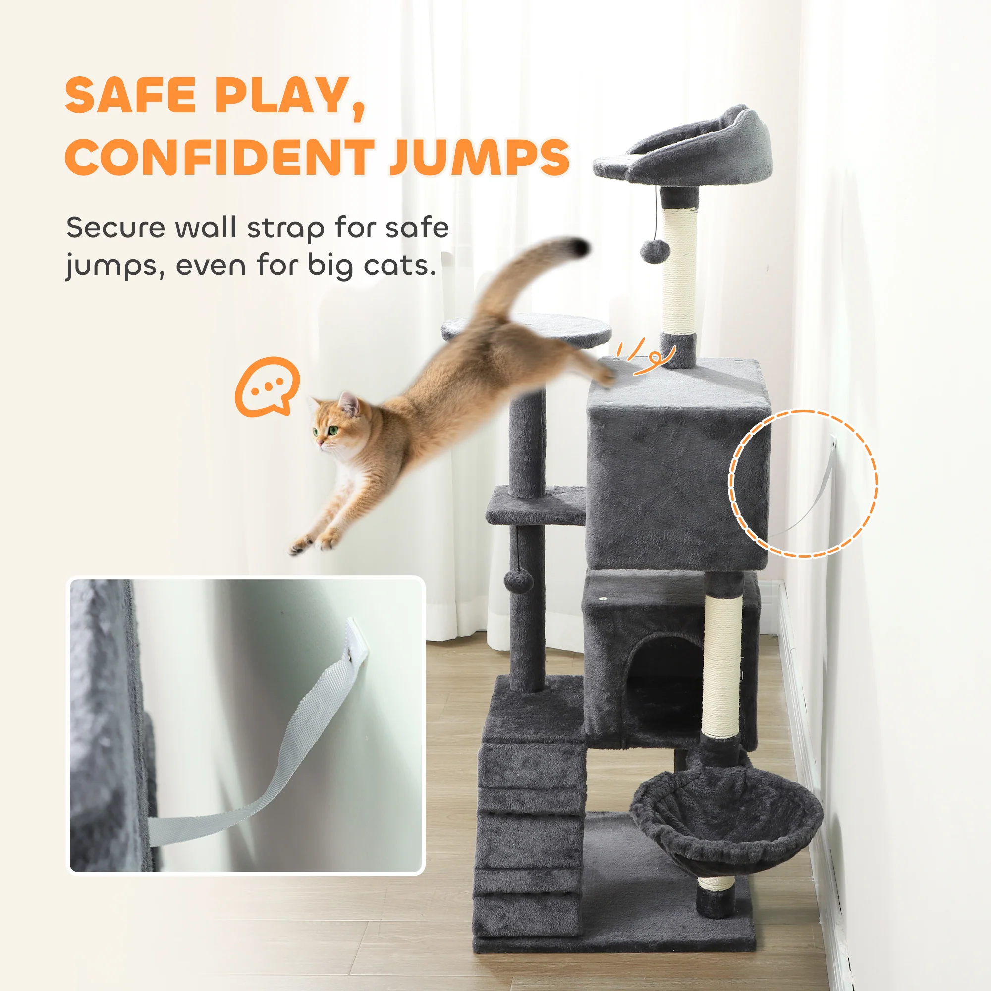 PawHut Cat Tree With Sisal Scratching Posts, Cat Houses, Dark Grey - Image 6