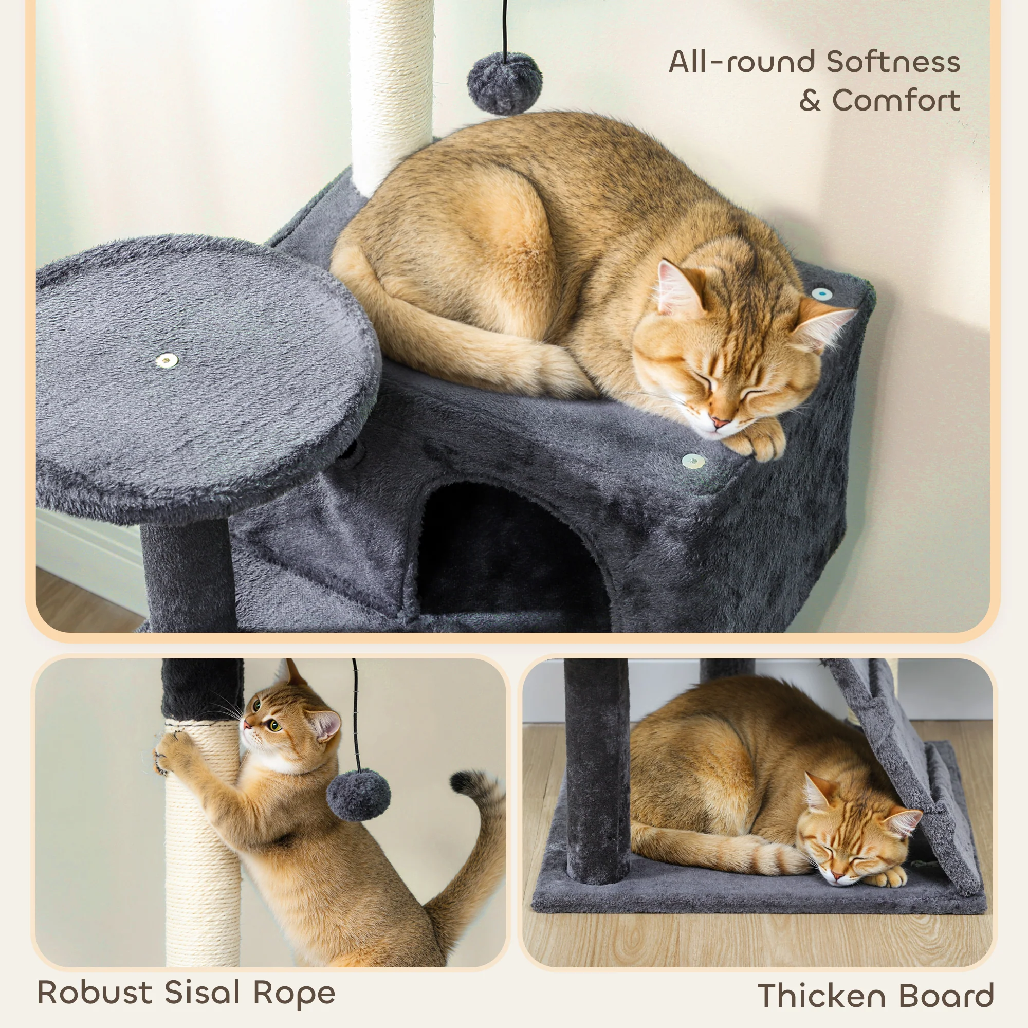 PawHut Cat Tree With Sisal Scratching Posts, Cat Houses, Dark Grey - Image 7