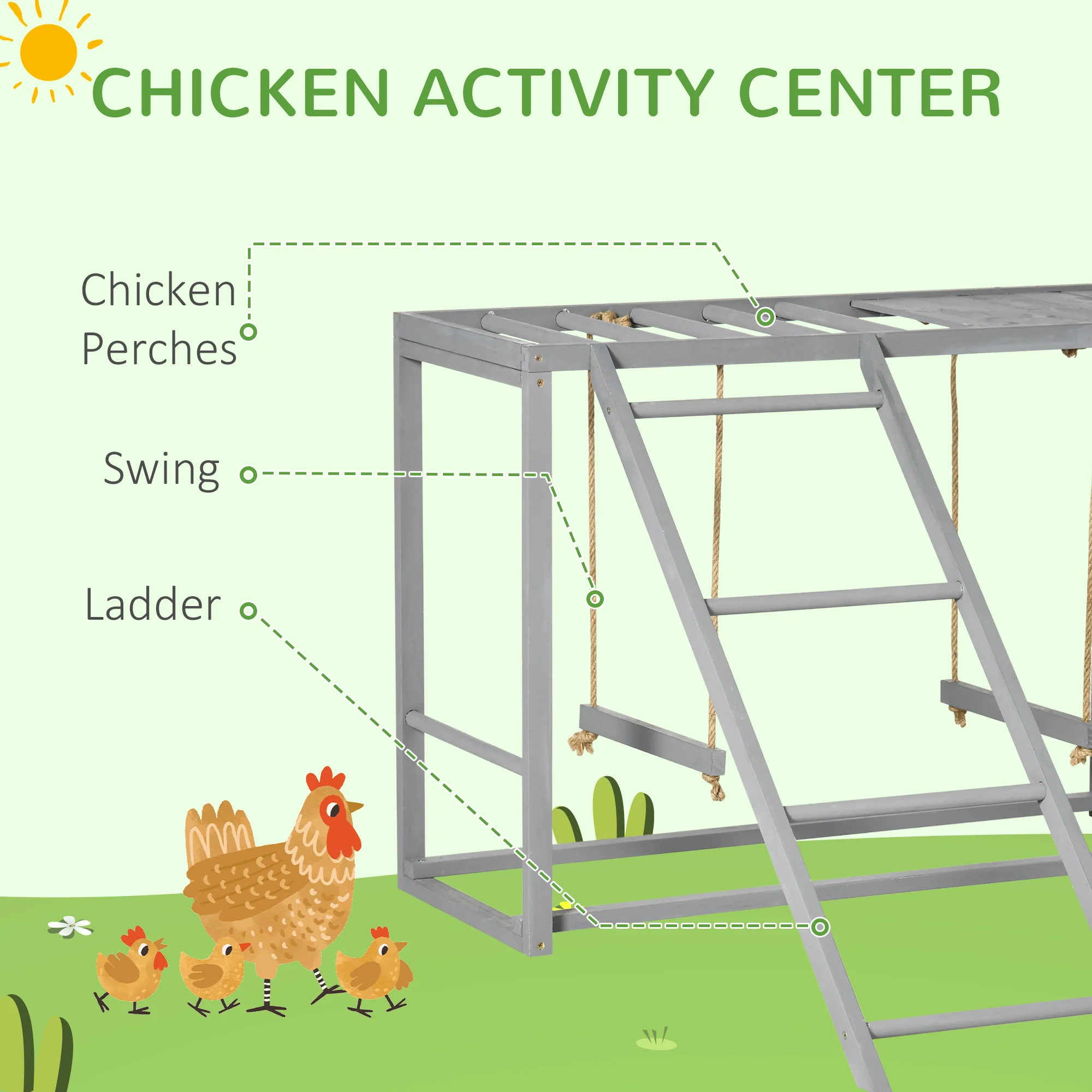 PawHut Chicken Activity Play Chicken Coop With Swing Set For 3-4 Birds, Grey - Image 3