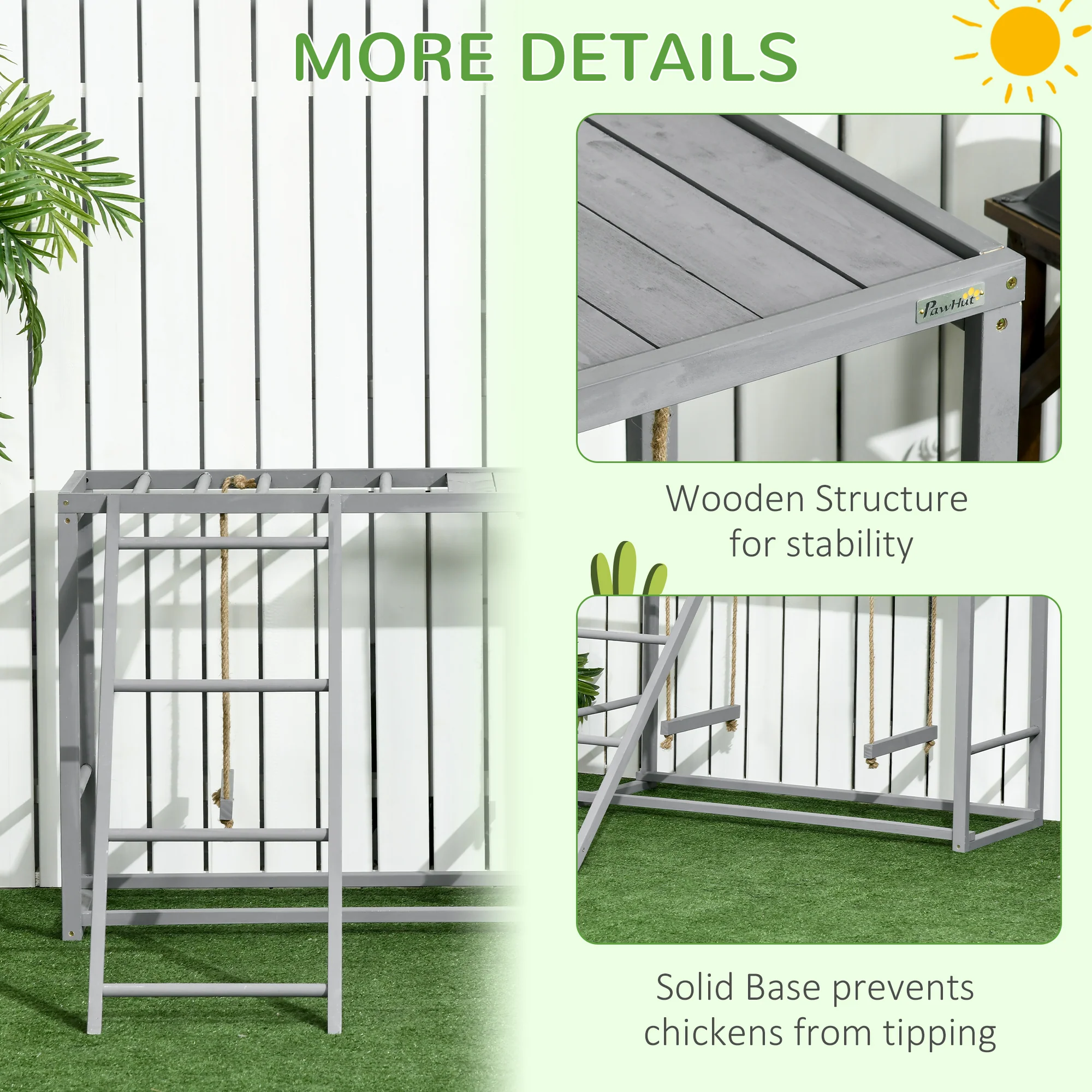 PawHut Chicken Activity Play Chicken Coop With Swing Set For 3-4 Birds, Grey - Image 6