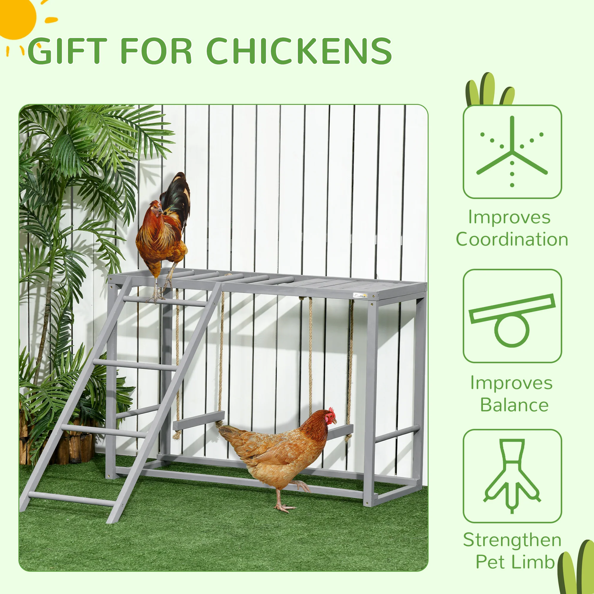 PawHut Chicken Activity Play Chicken Coop With Swing Set For 3-4 Birds, Grey - Image 7