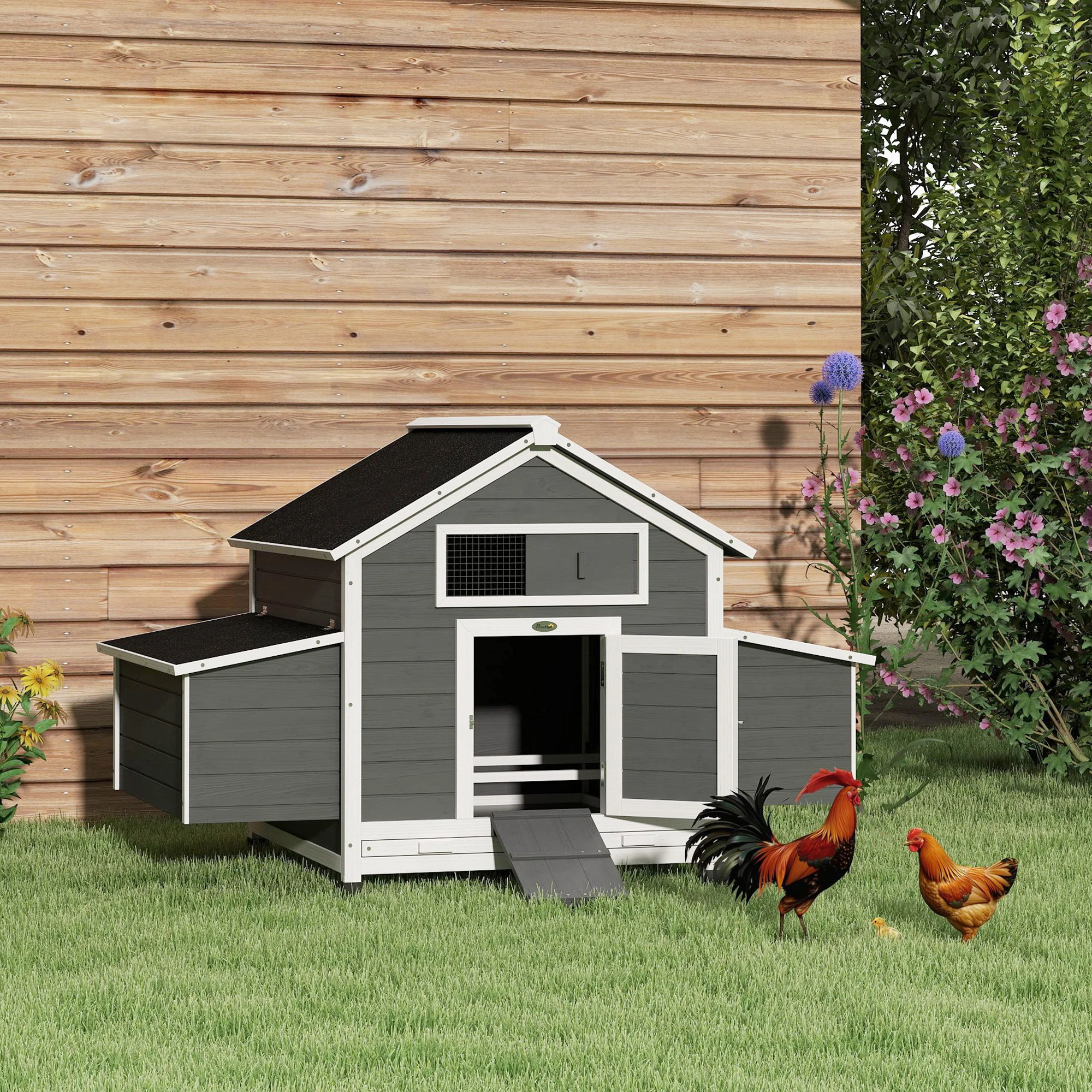PawHut Chicken Coop With Nesting Box, Openable Top, Pull-Out Tray, Grey - Image 2