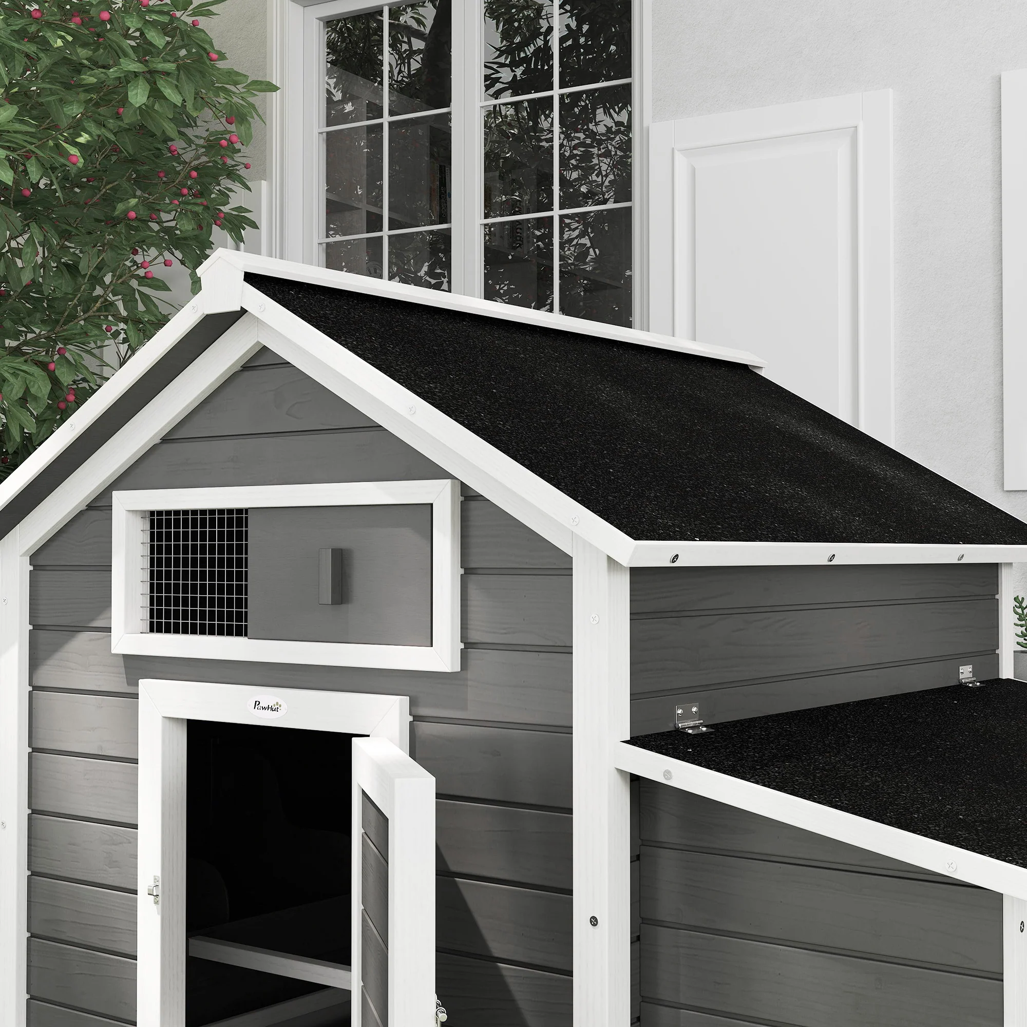 PawHut Chicken Coop With Nesting Box, Openable Top, Pull-Out Tray, Grey - Image 9