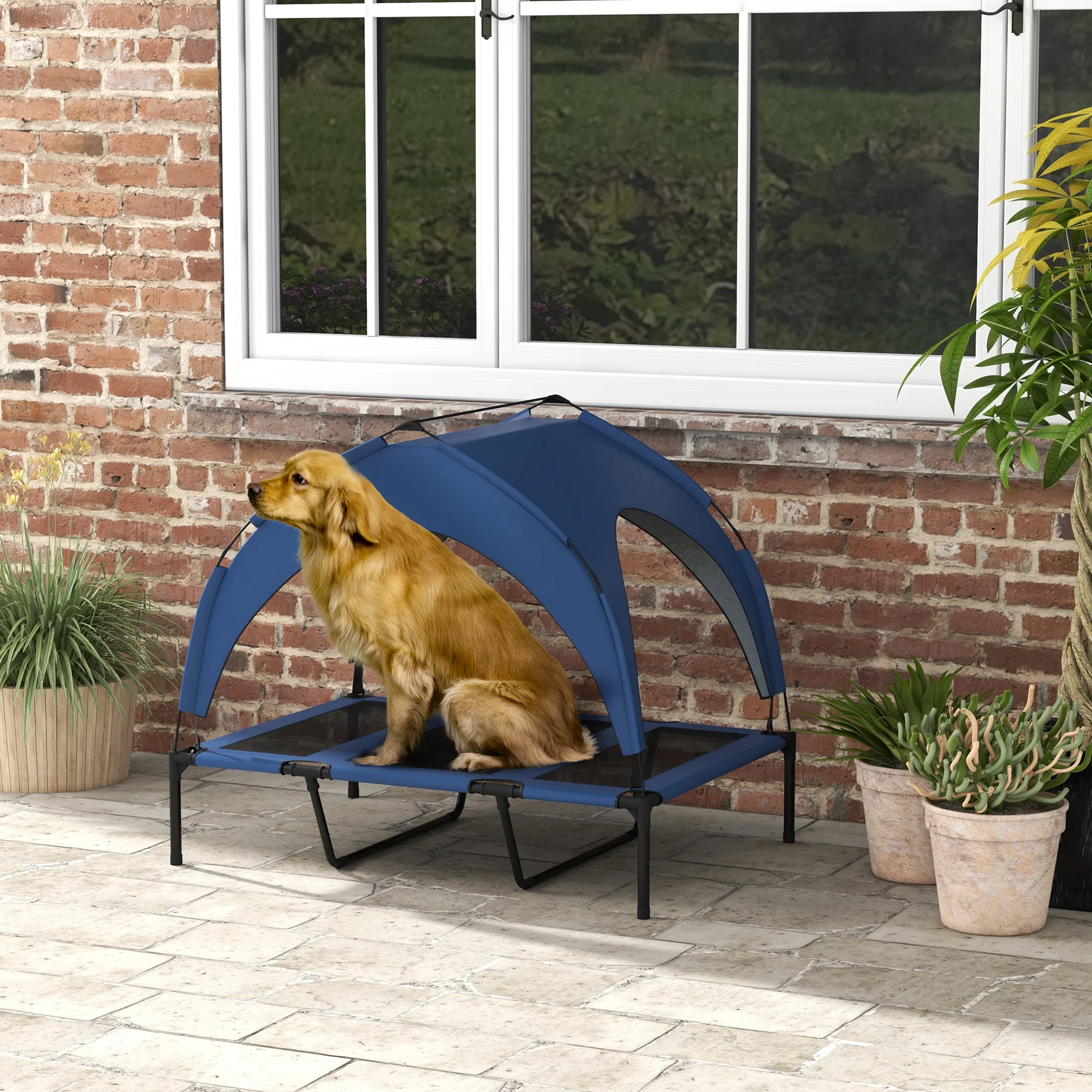 PawHut Cooling Raised Dog Bed w/ Breathable Mesh, for L Dogs - Dark Blue - Image 2