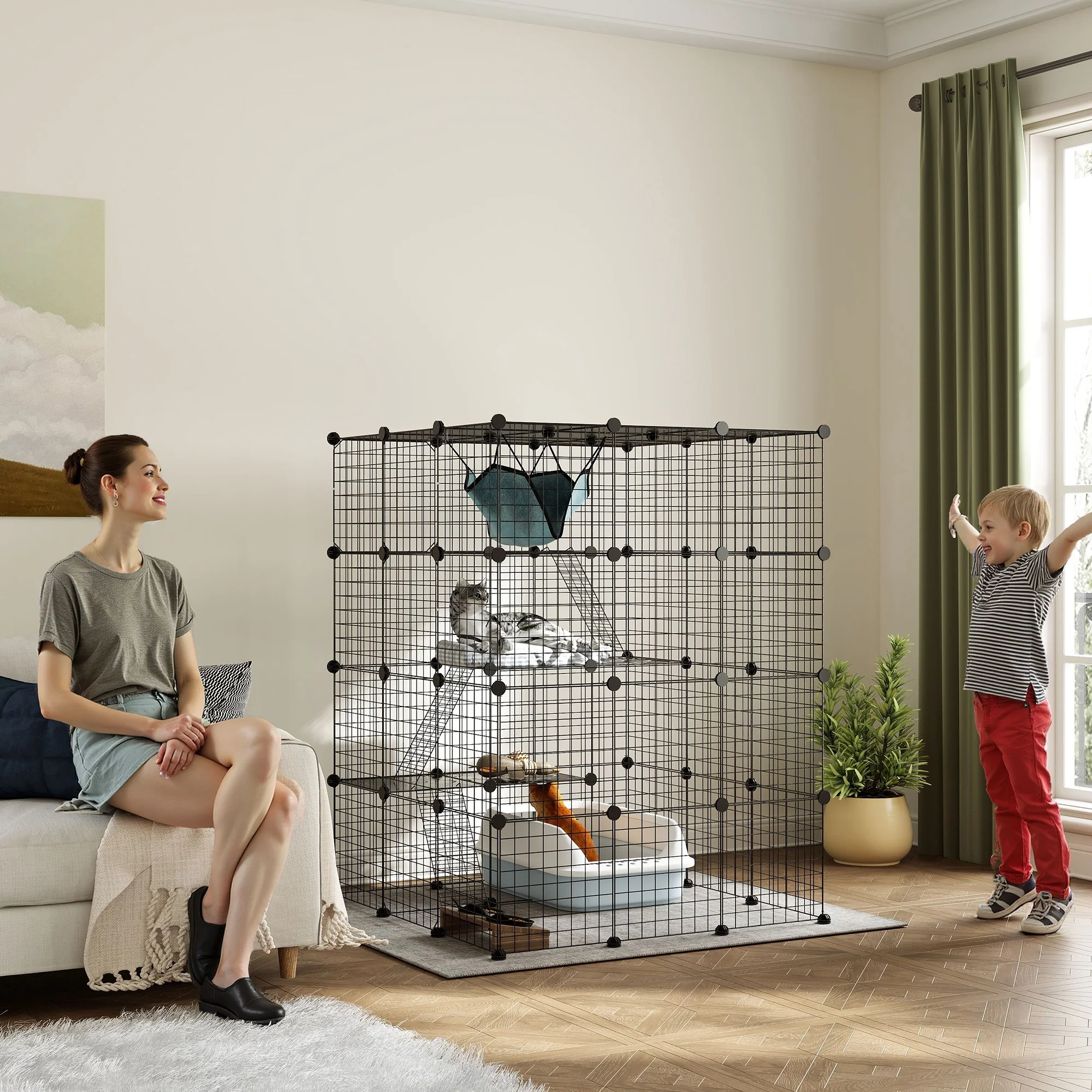 PawHut DIY 4 Tier Cat Cage Indoor With Hammock, Ramps, Doors, For 1-3 Cats - Image 2