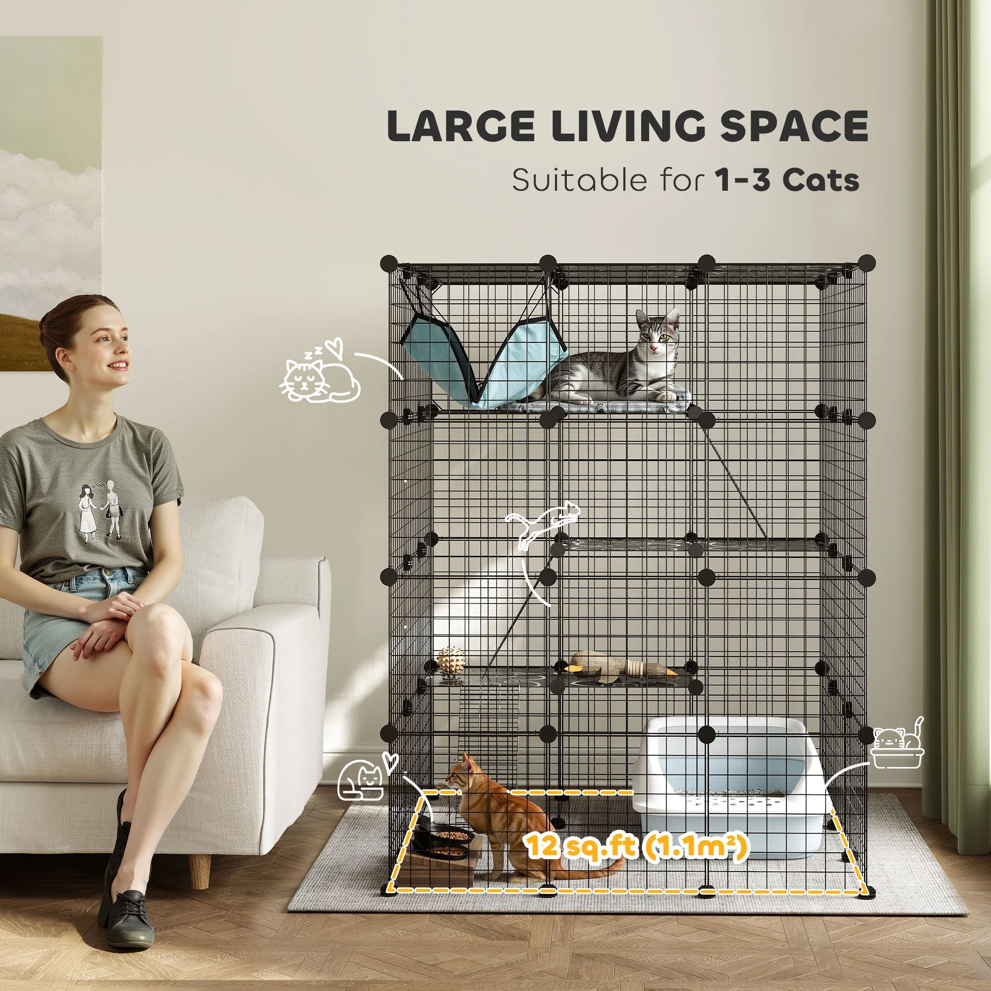 PawHut DIY 4 Tier Cat Cage Indoor With Hammock, Ramps, Doors, For 1-3 Cats - Image 3