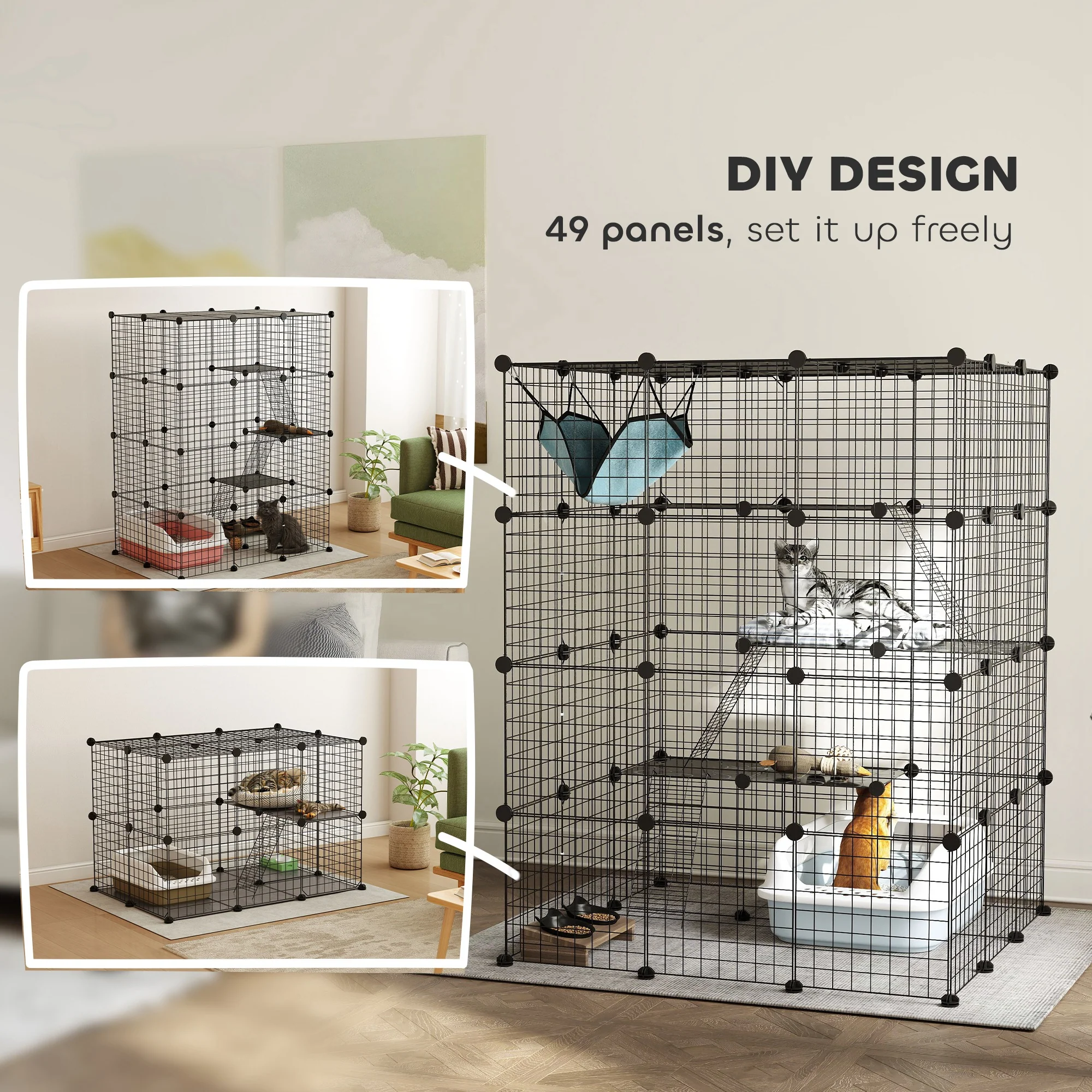PawHut DIY 4 Tier Cat Cage Indoor With Hammock, Ramps, Doors, For 1-3 Cats - Image 4
