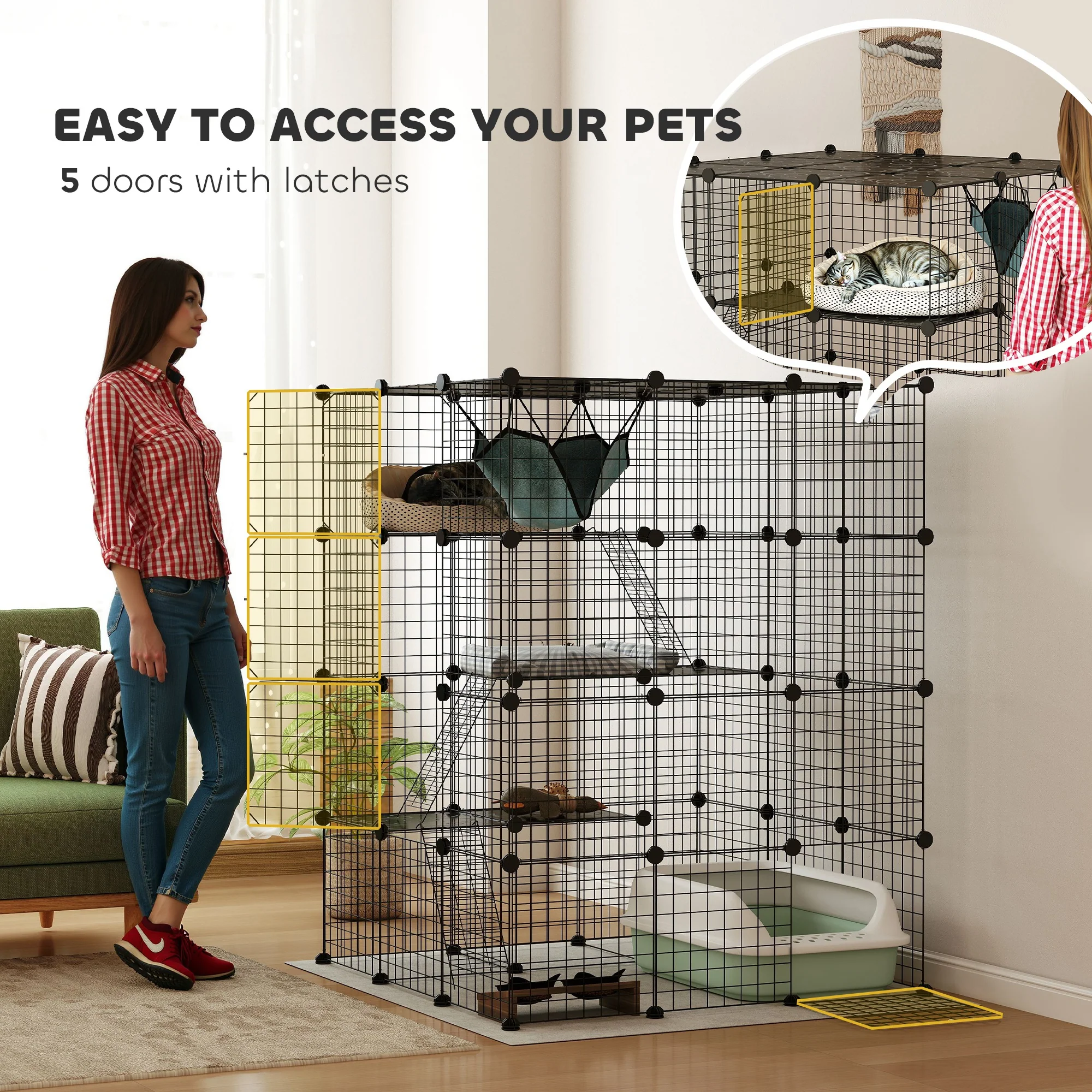 PawHut DIY 4 Tier Cat Cage Indoor With Hammock, Ramps, Doors, For 1-3 Cats - Image 6