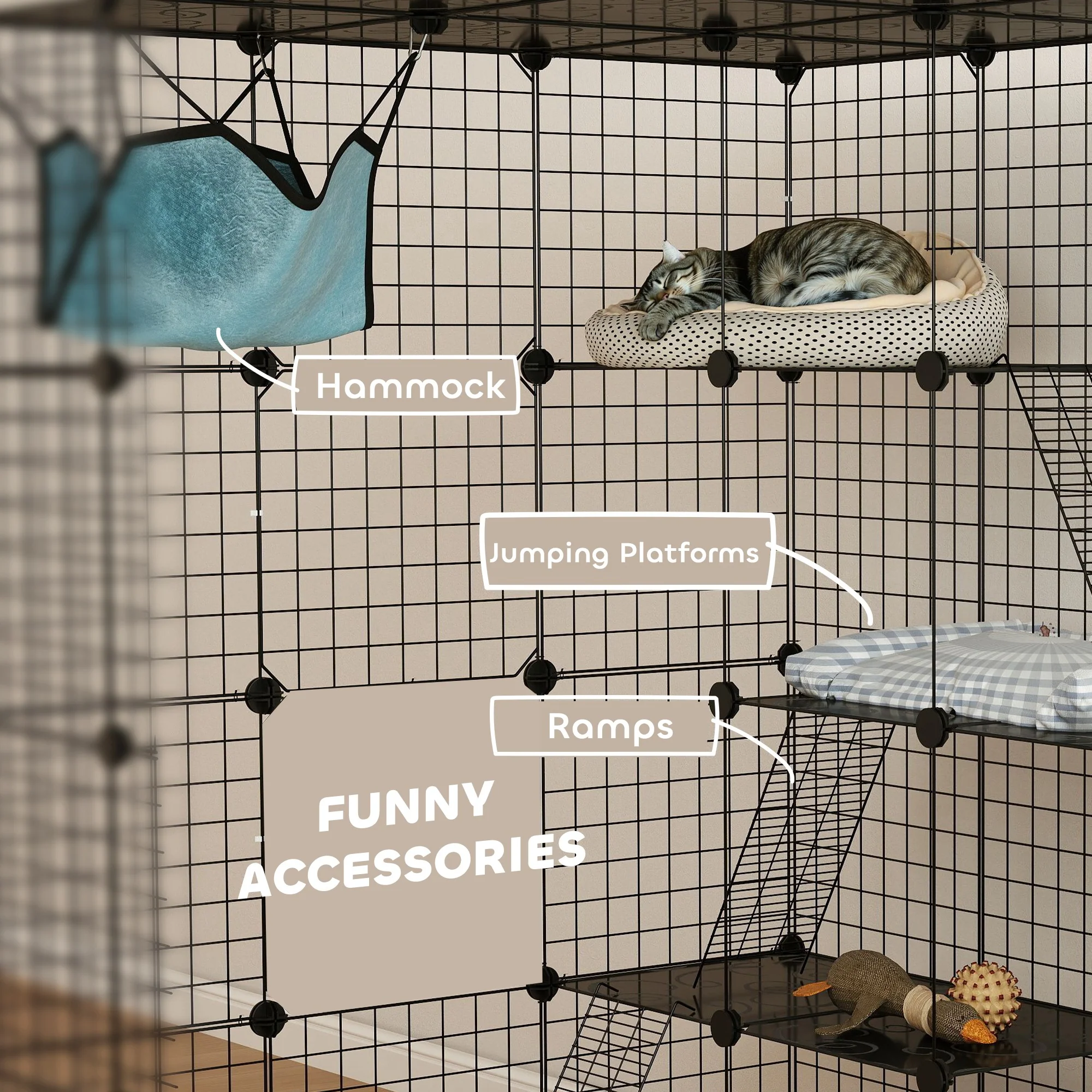 PawHut DIY 4 Tier Cat Cage Indoor With Hammock, Ramps, Doors, For 1-3 Cats - Image 7