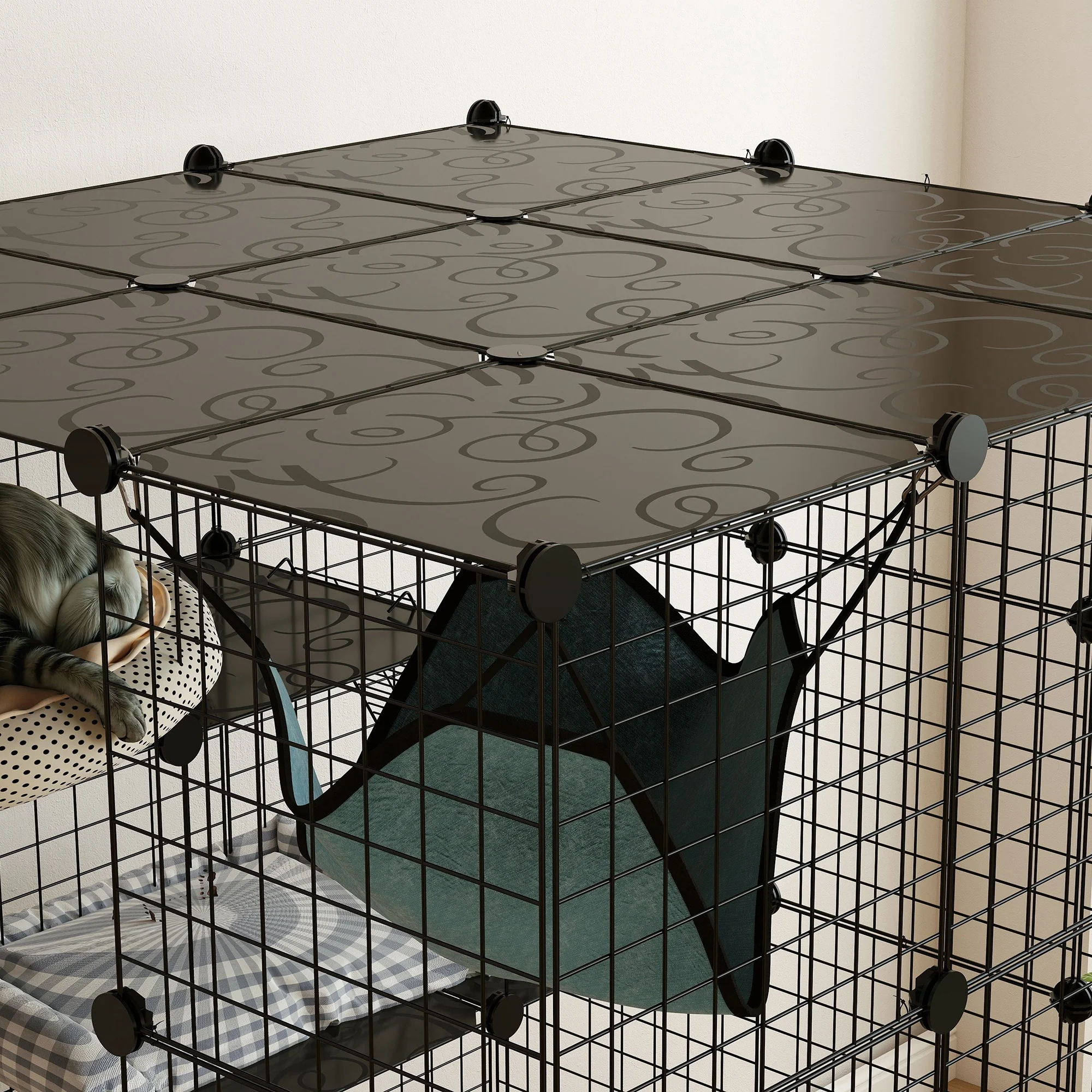 PawHut DIY 4 Tier Cat Cage Indoor With Hammock, Ramps, Doors, For 1-3 Cats - Image 8