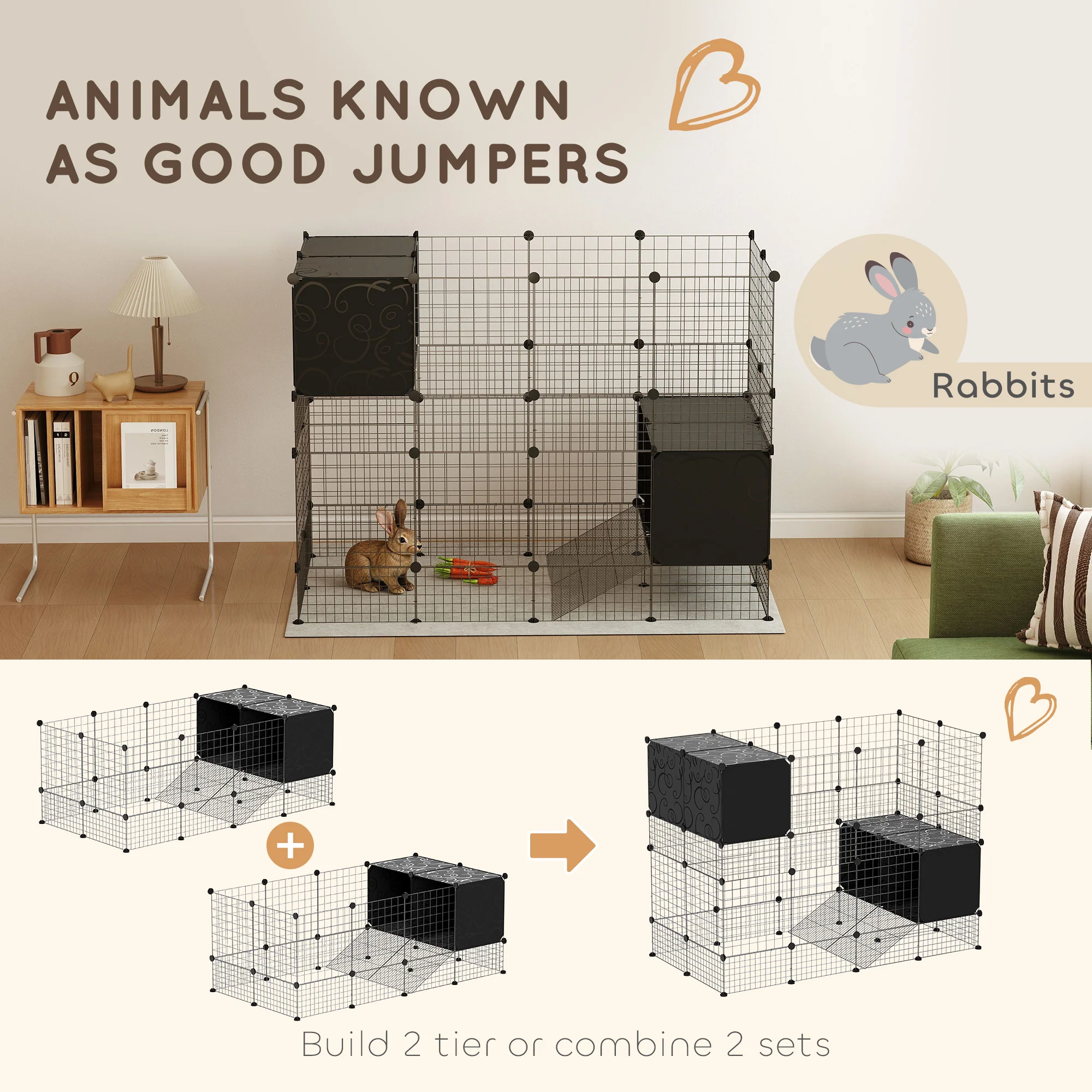 PawHut DIY Small Animal Cage w/ Elevated Huts for Guinea Pigs, Rabbits - Image 8